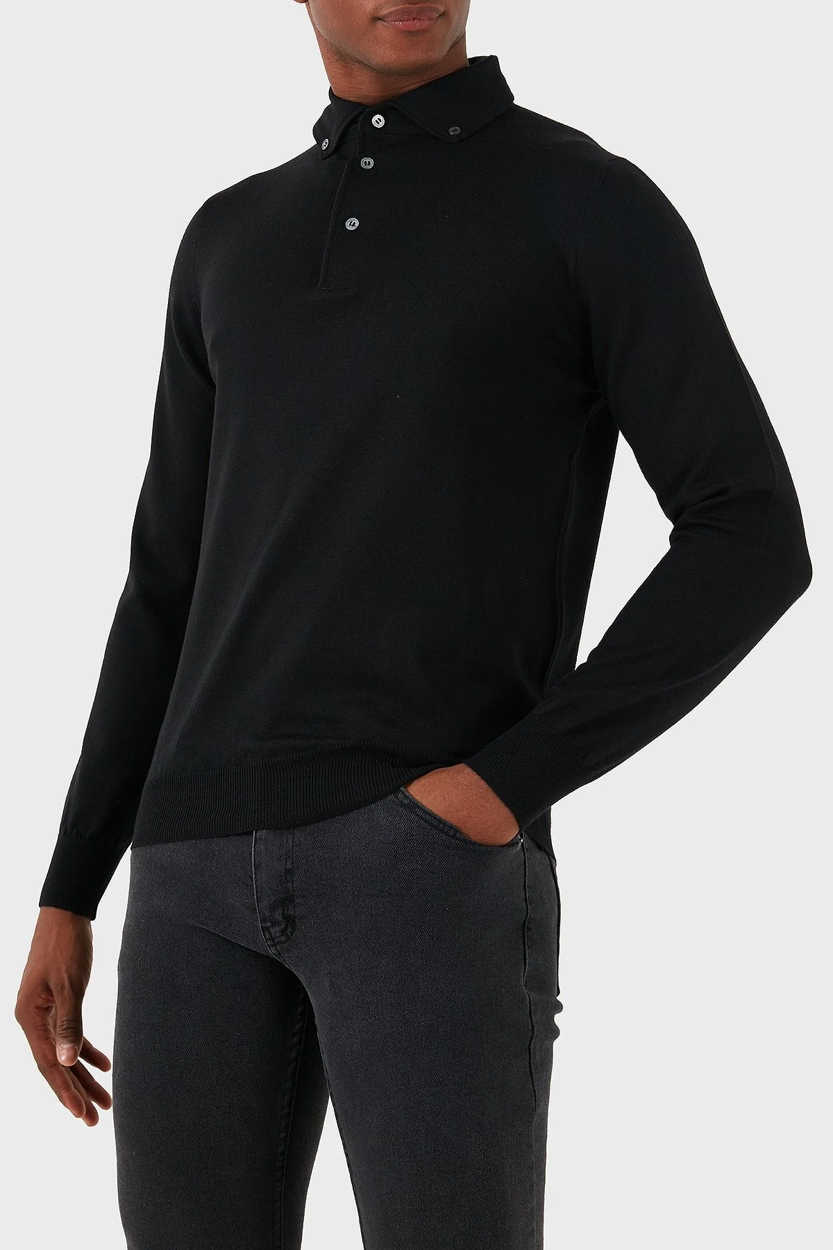 Gran Sasso % 100 Yün Slim Fit Düğmeli Erkek Polo Yaka Sweat 57163 14293 099 SİYAH - 4