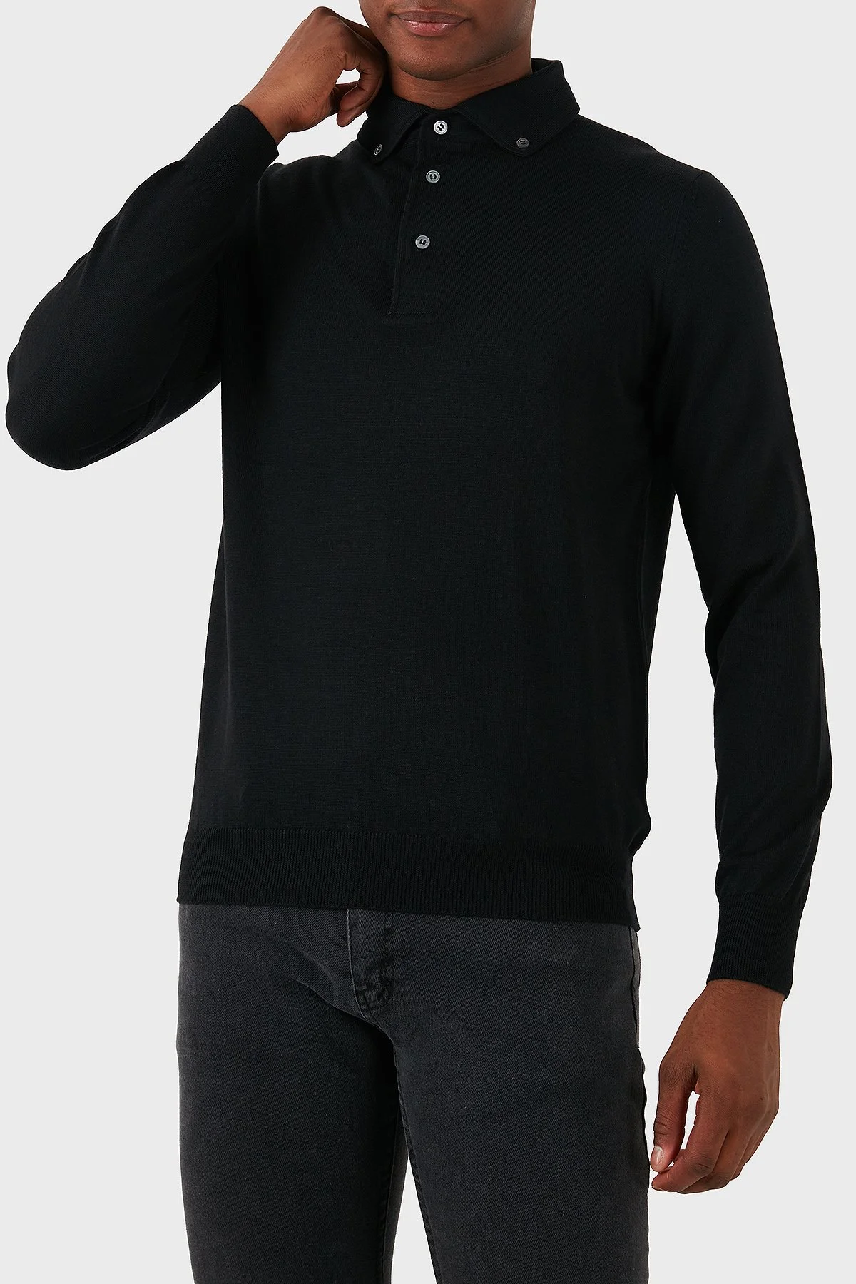 Gran Sasso % 100 Yün Slim Fit Düğmeli Erkek Polo Yaka Sweat 57163 14293 099 SİYAH - 3