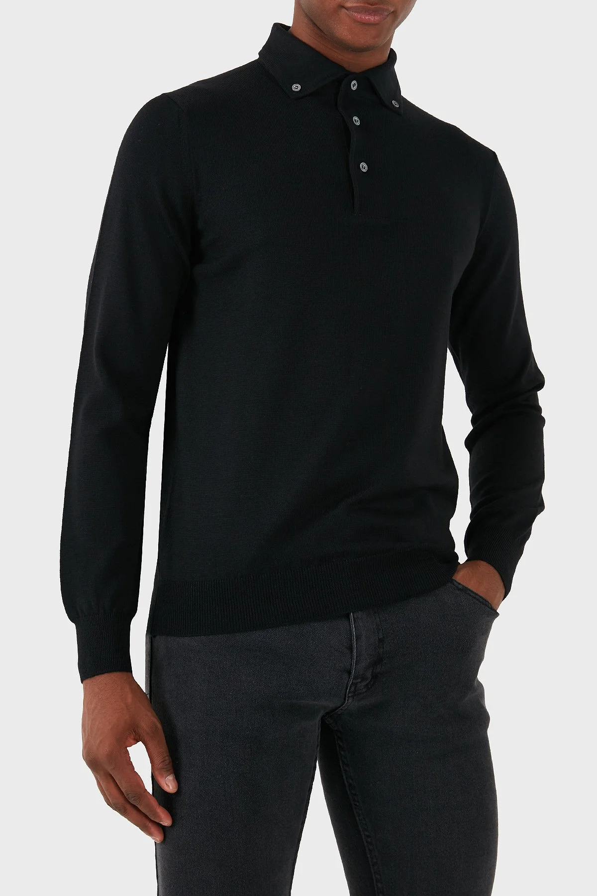 Gran Sasso % 100 Yün Slim Fit Düğmeli Erkek Polo Yaka Sweat 57163 14293 099 SİYAH - 1