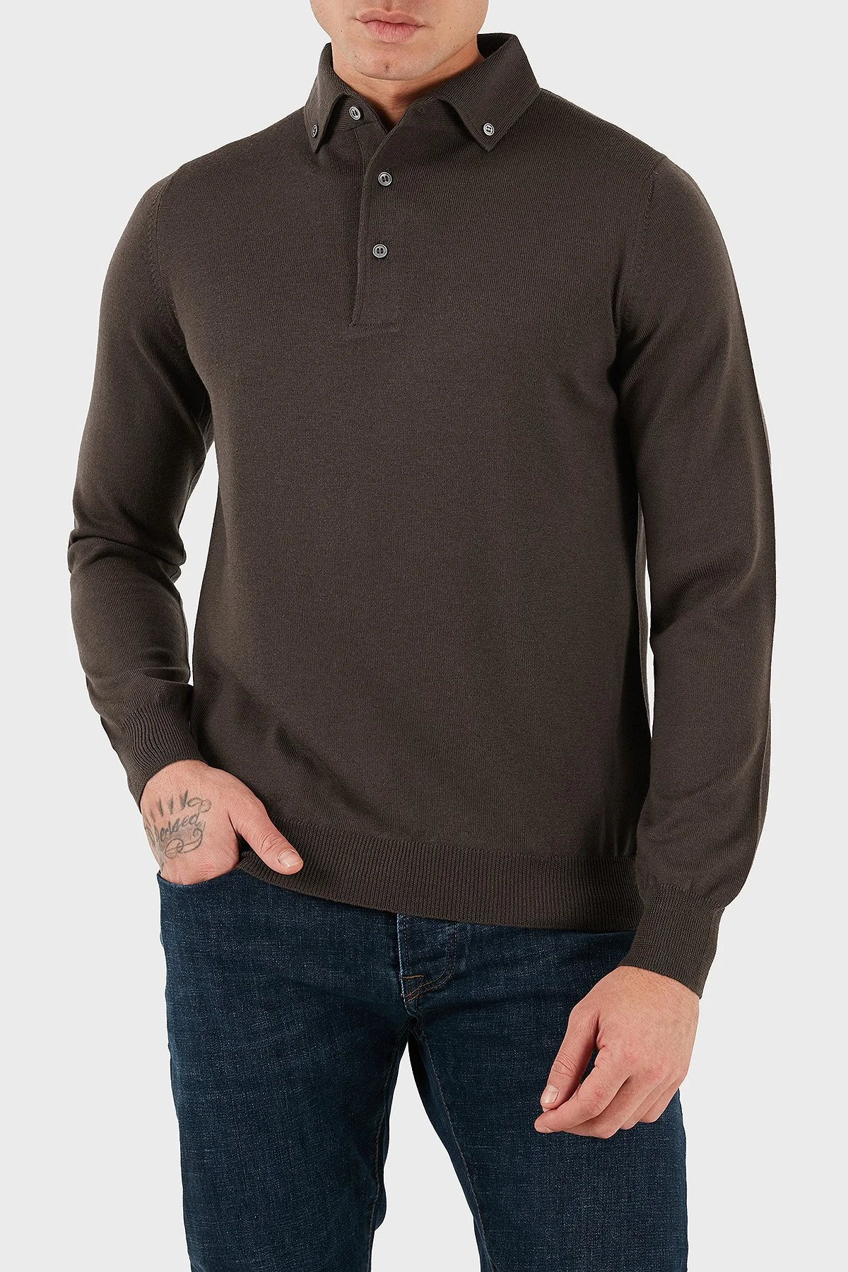 Gran Sasso % 100 Yün Slim Fit Düğmeli Erkek Polo Yaka Sweat 57163 14293 177 KAHVE - 1