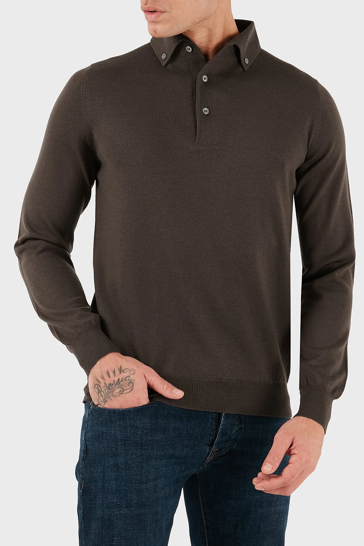 Gran Sasso % 100 Yün Slim Fit Düğmeli Erkek Polo Yaka Sweat 57163 14293 177 KAHVE - 4