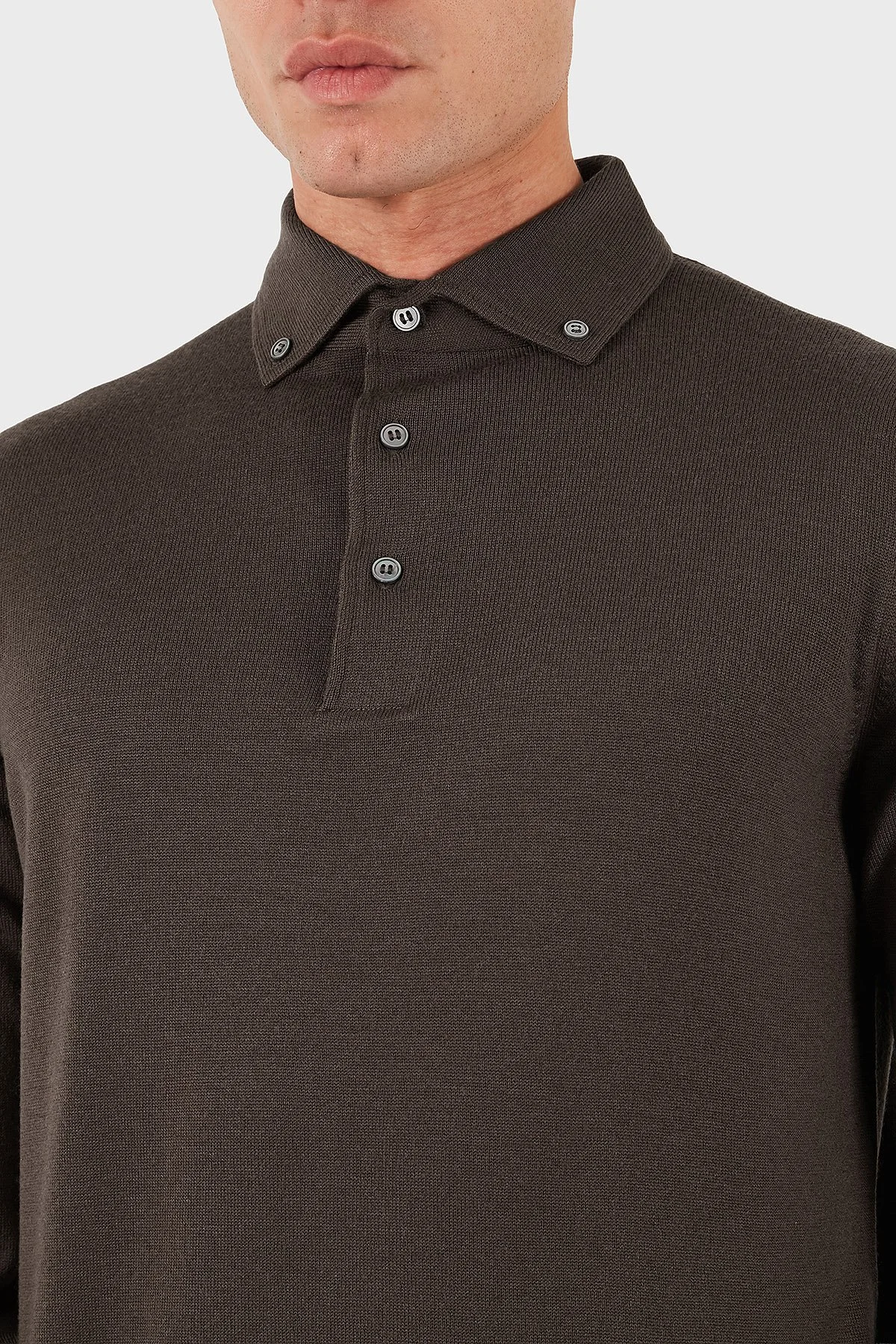 Gran Sasso % 100 Yün Slim Fit Düğmeli Erkek Polo Yaka Sweat 57163 14293 177 KAHVE - 5