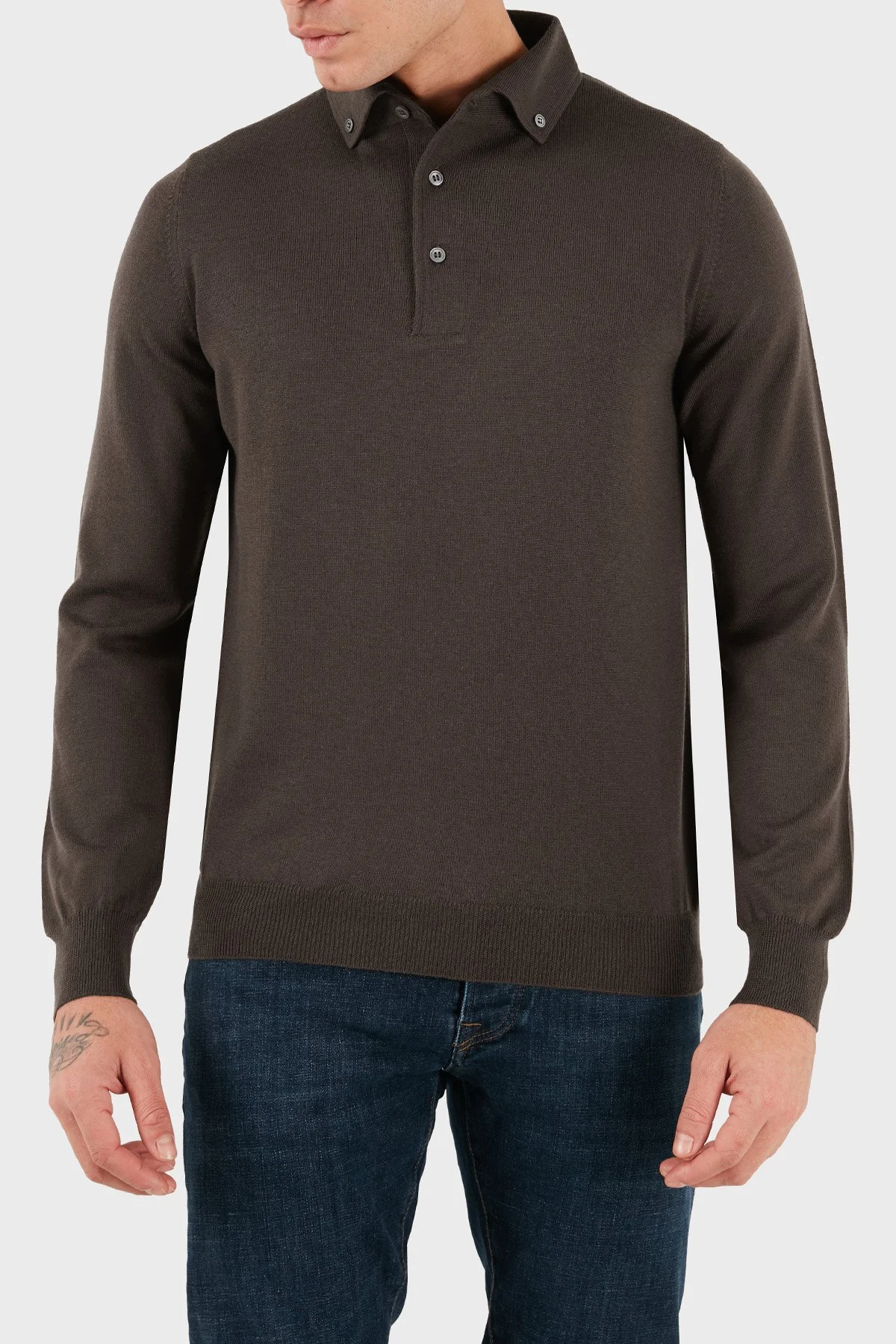 Gran Sasso % 100 Yün Slim Fit Düğmeli Erkek Polo Yaka Sweat 57163 14293 177 KAHVE - 3