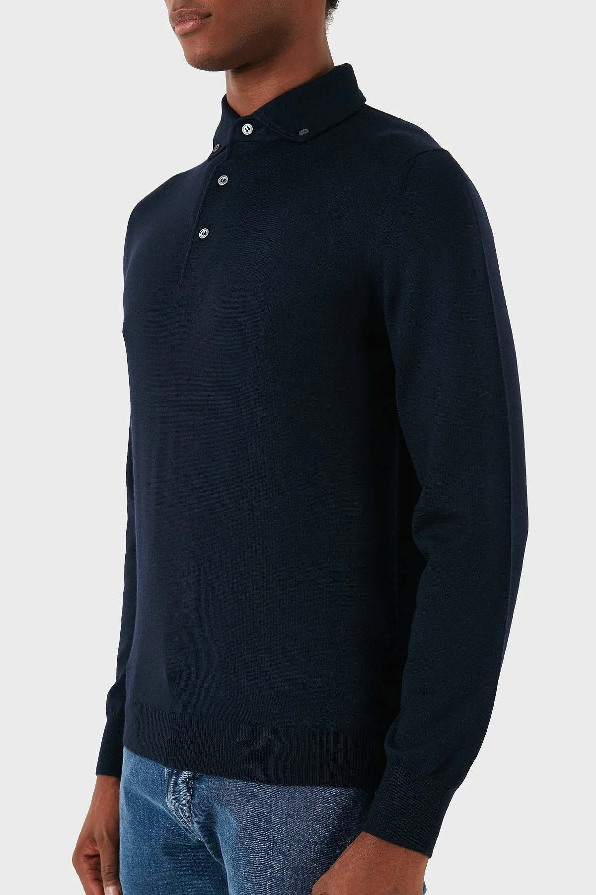 Gran Sasso % 100 Yün Slim Fit Düğmeli Erkek Polo Yaka Sweat 57163 14293 598 LACİVERT - 3