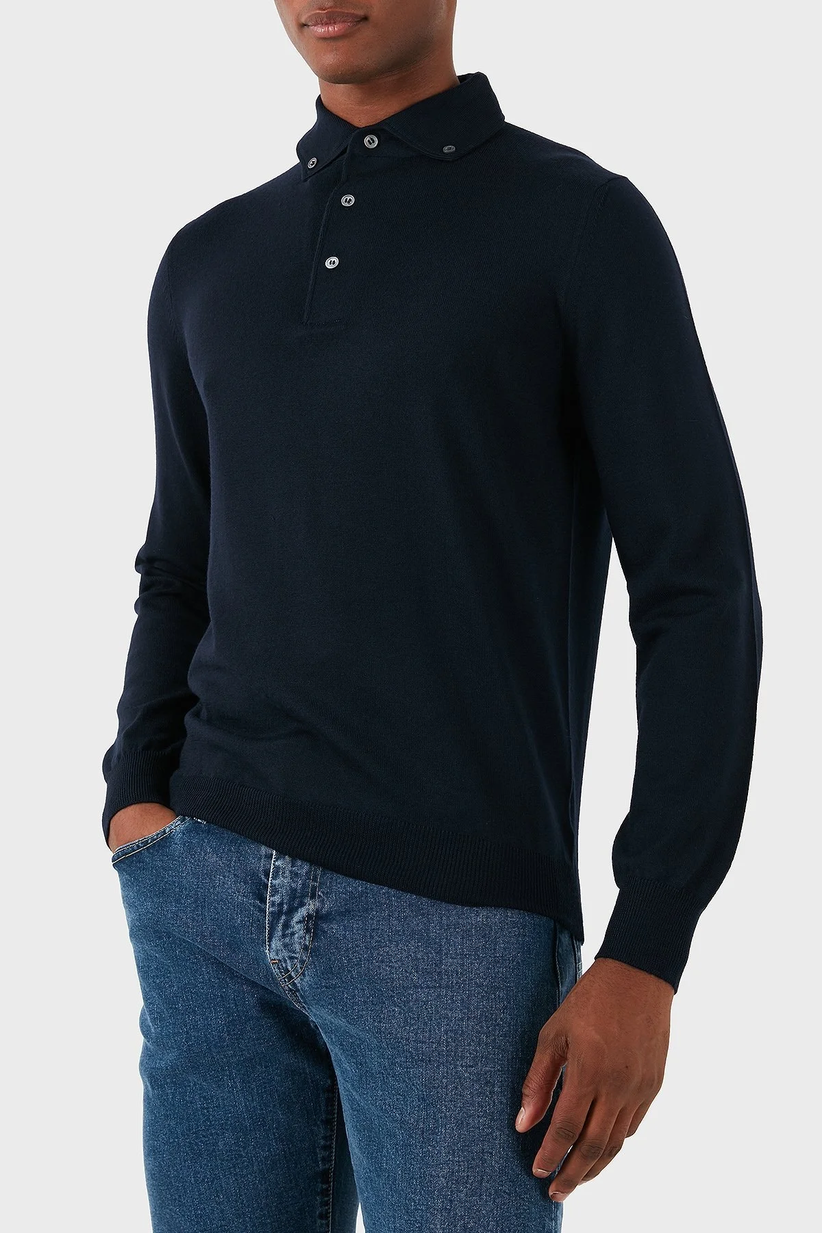 Gran Sasso % 100 Yün Slim Fit Düğmeli Erkek Polo Yaka Sweat 57163 14293 598 LACİVERT - 4