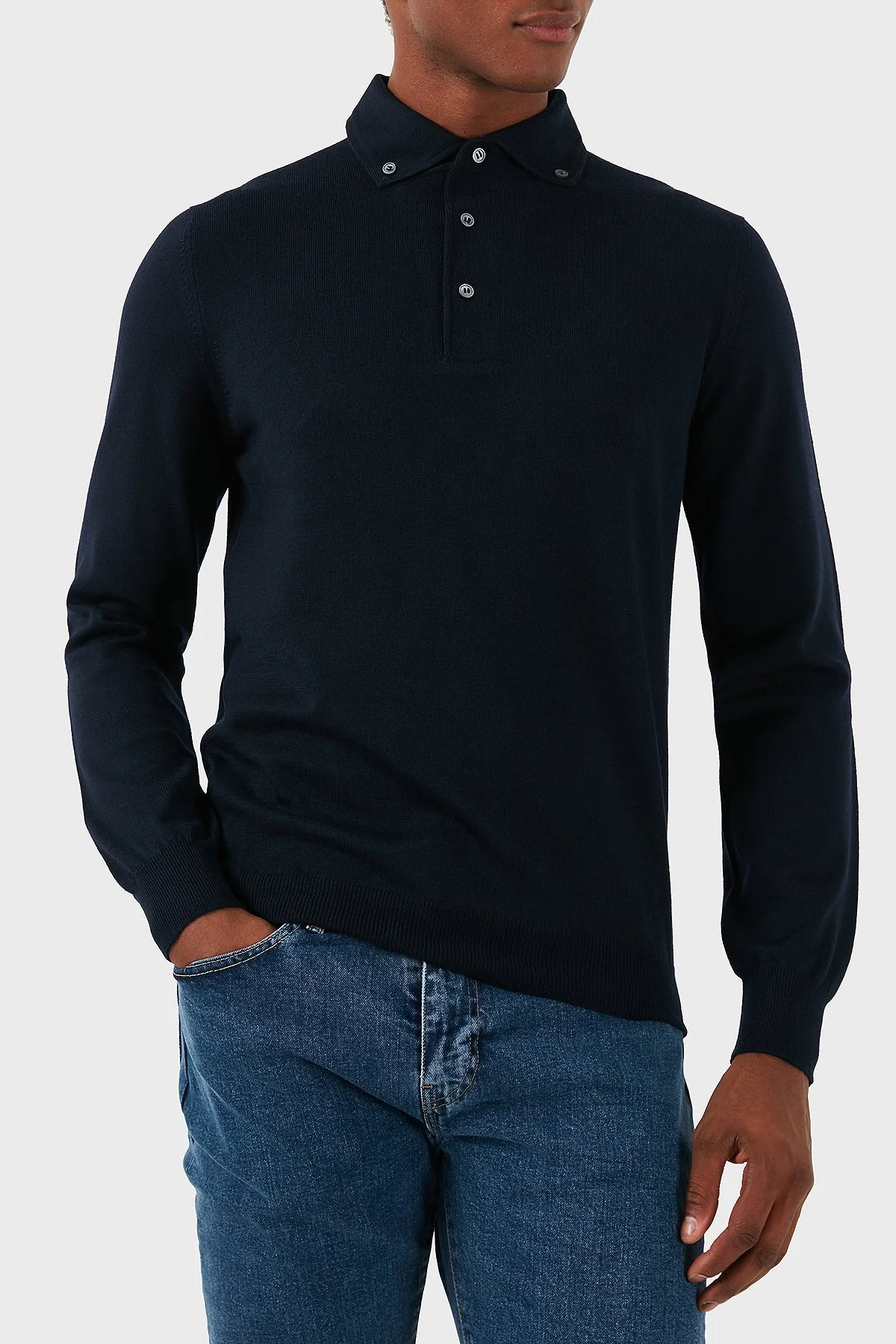 Gran Sasso % 100 Yün Slim Fit Düğmeli Erkek Polo Yaka Sweat 57163 14293 598 LACİVERT - 1
