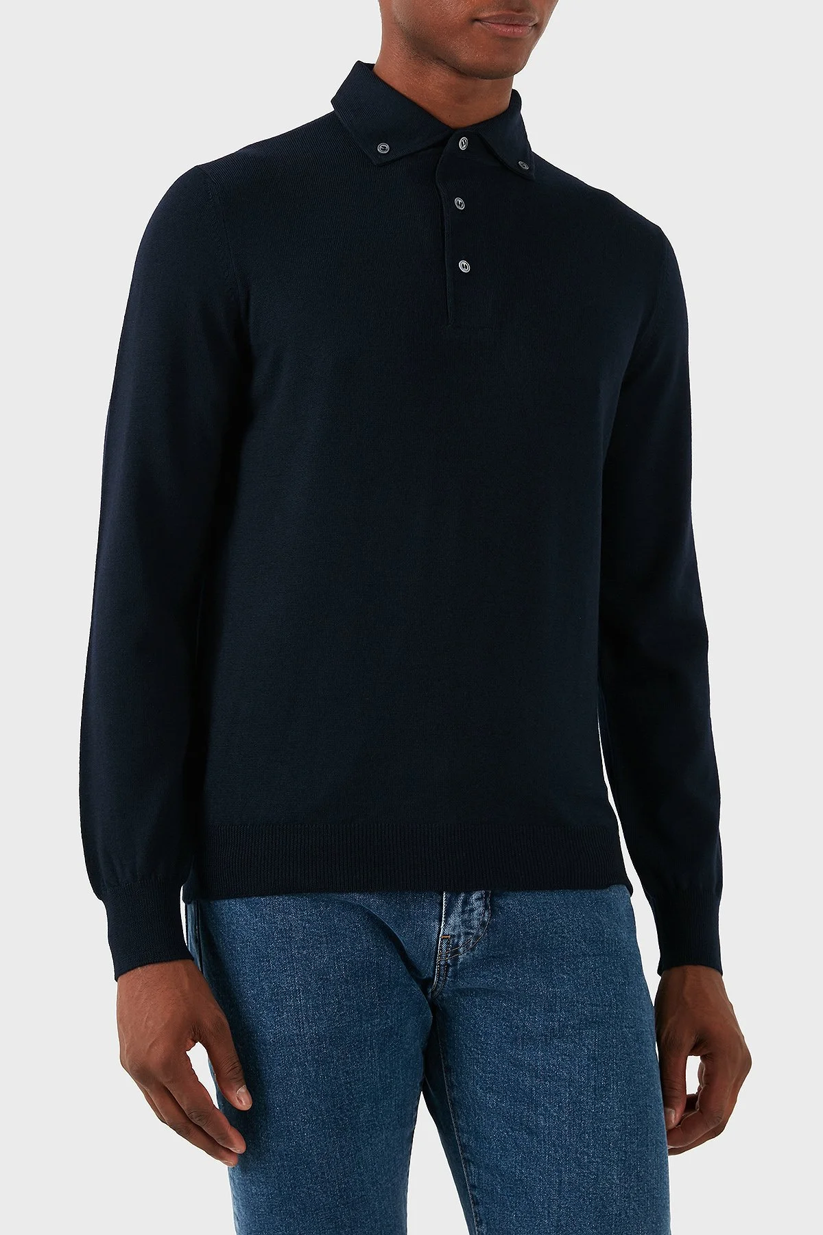 Gran Sasso % 100 Yün Slim Fit Düğmeli Erkek Polo Yaka Sweat 57163 14293 598 LACİVERT - 3