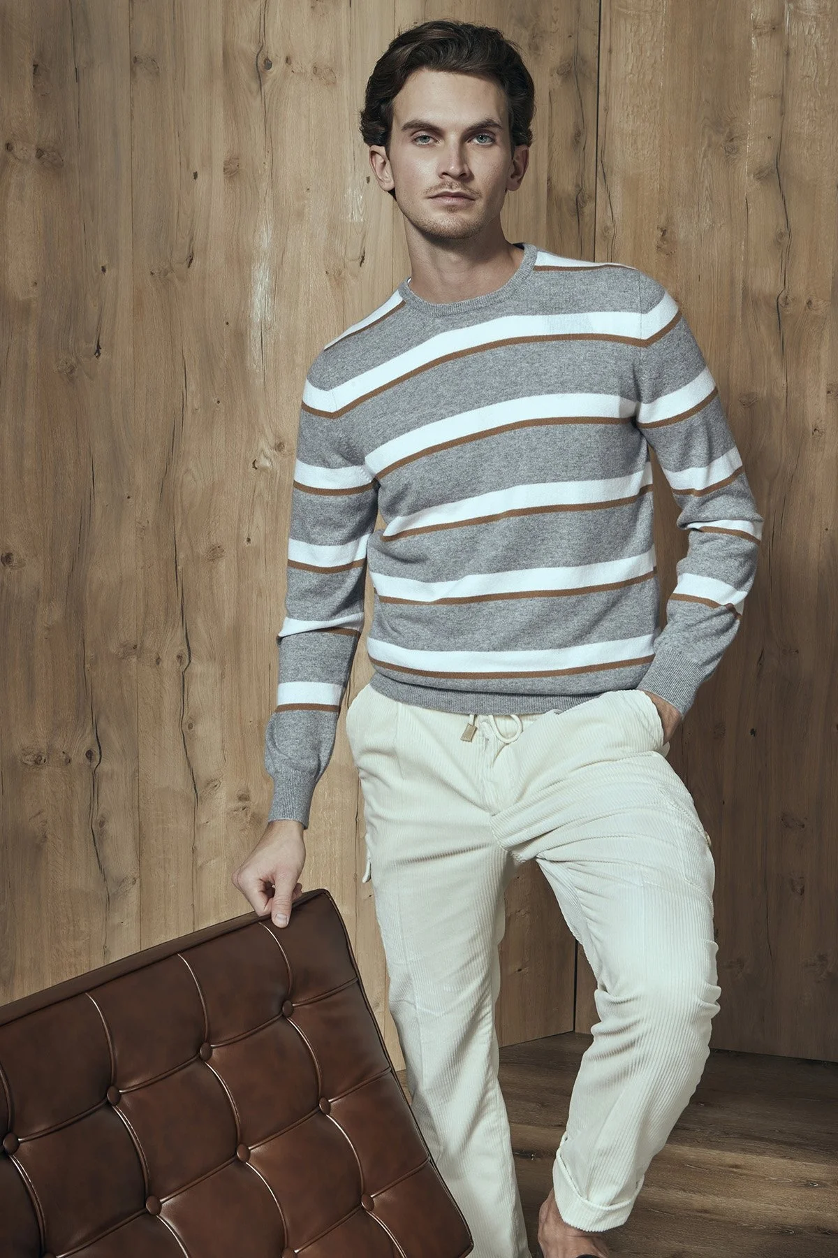 Gran Sasso Çizgili Yün ve Kaşmir Karışımlı Erkek Kazak 57167 19670 061 GRİ - 1