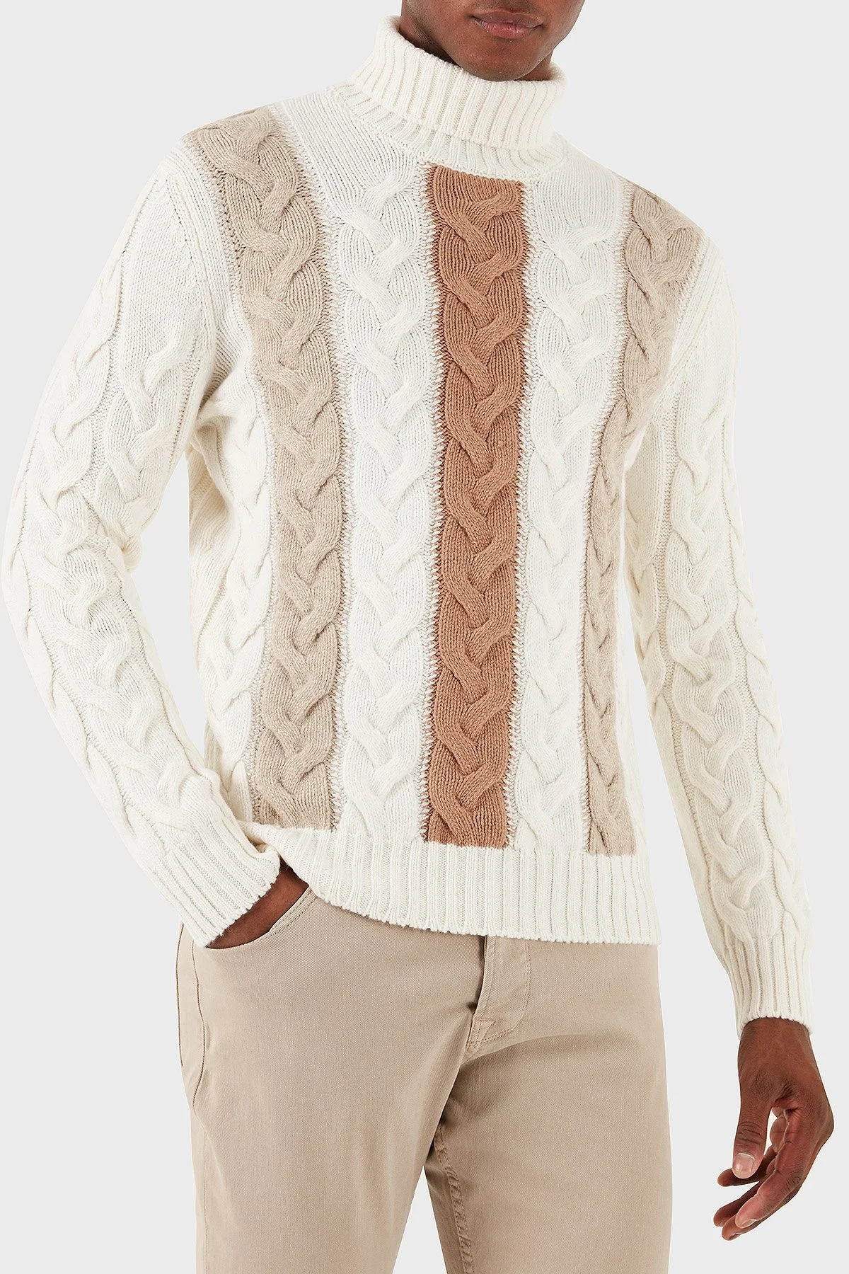 Gran Sasso Desenli % 100 Yün Regular Fit Balıkçı Yaka Erkek Kazak 13130 25060 001 EKRU - 1