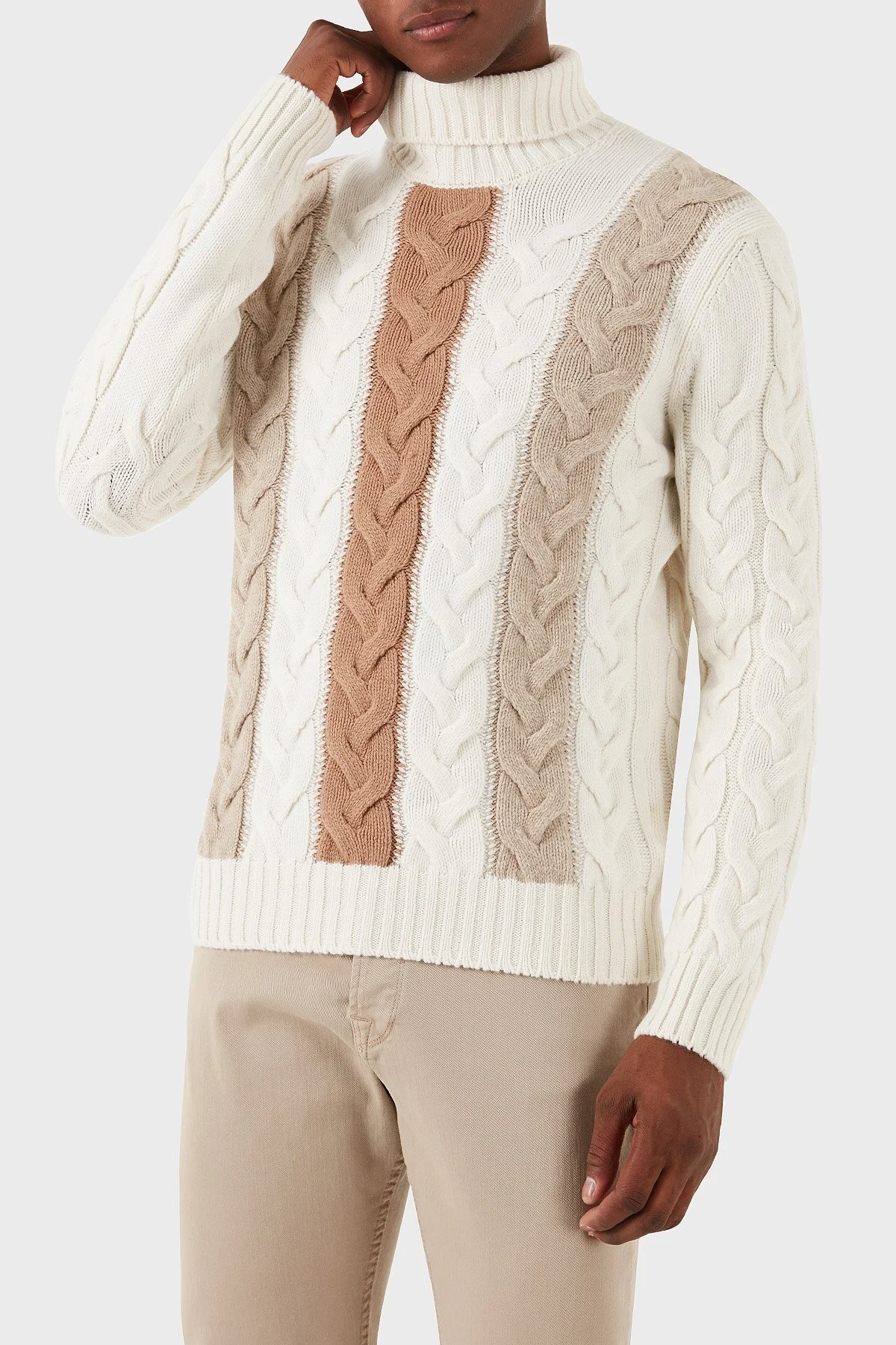 Gran Sasso Desenli % 100 Yün Regular Fit Balıkçı Yaka Erkek Kazak 13130 25060 001 EKRU - 3