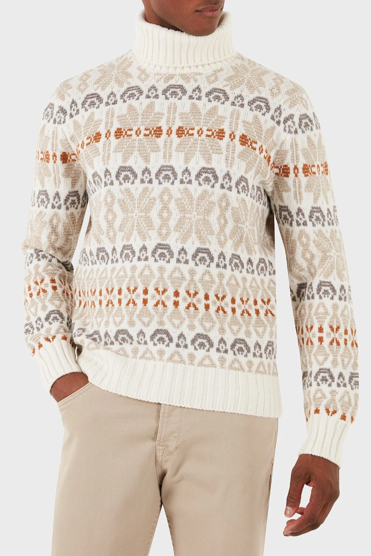 Gran Sasso Desenli % 100 Yün Regular Fit Balıkçı Yaka Erkek Kazak 13147 25061 001 EKRU-KAHVE - 1