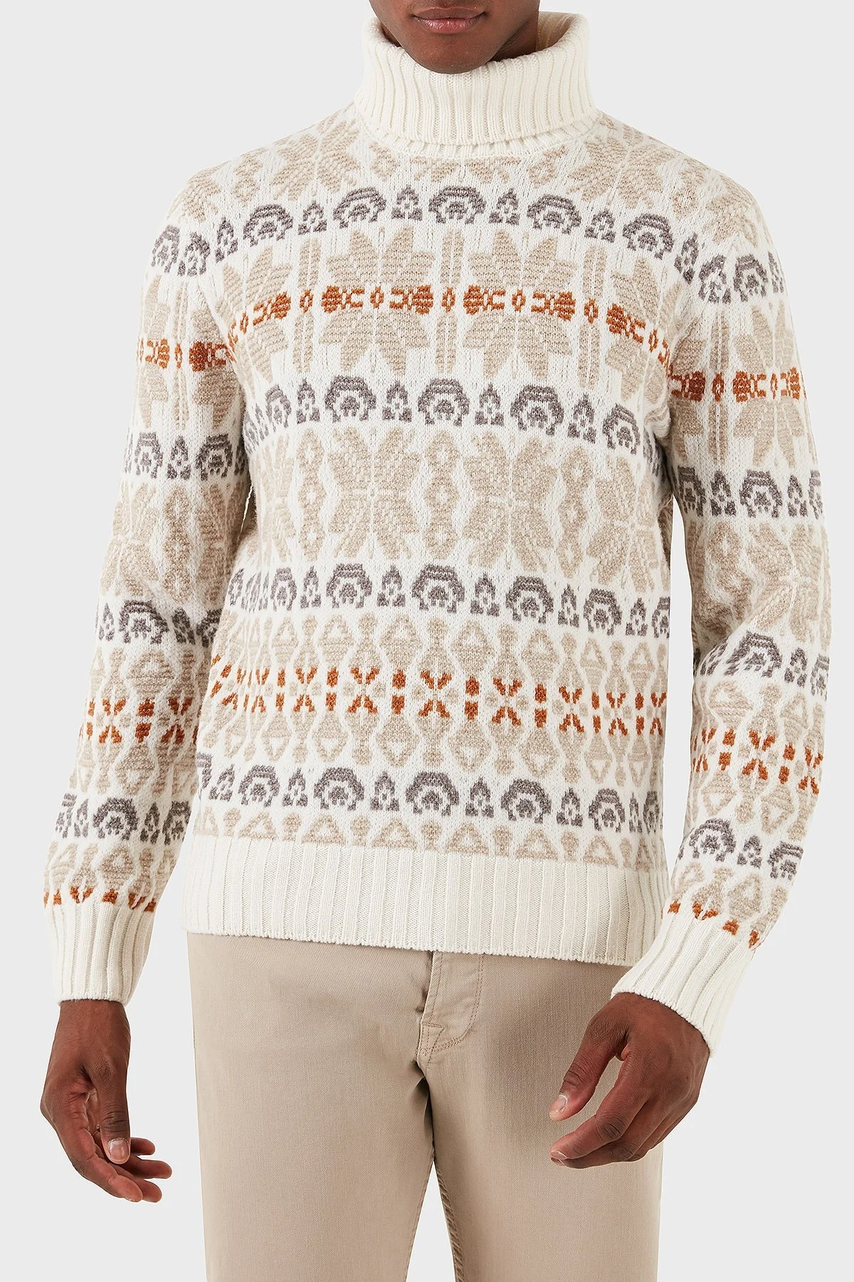 Gran Sasso Desenli % 100 Yün Regular Fit Balıkçı Yaka Erkek Kazak 13147 25061 001 EKRU-KAHVE - 3