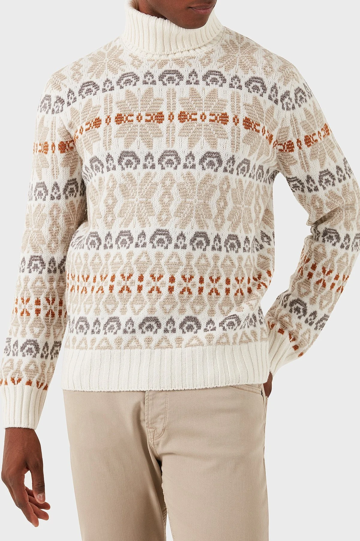 Gran Sasso Desenli % 100 Yün Regular Fit Balıkçı Yaka Erkek Kazak 13147 25061 001 EKRU-KAHVE - 4