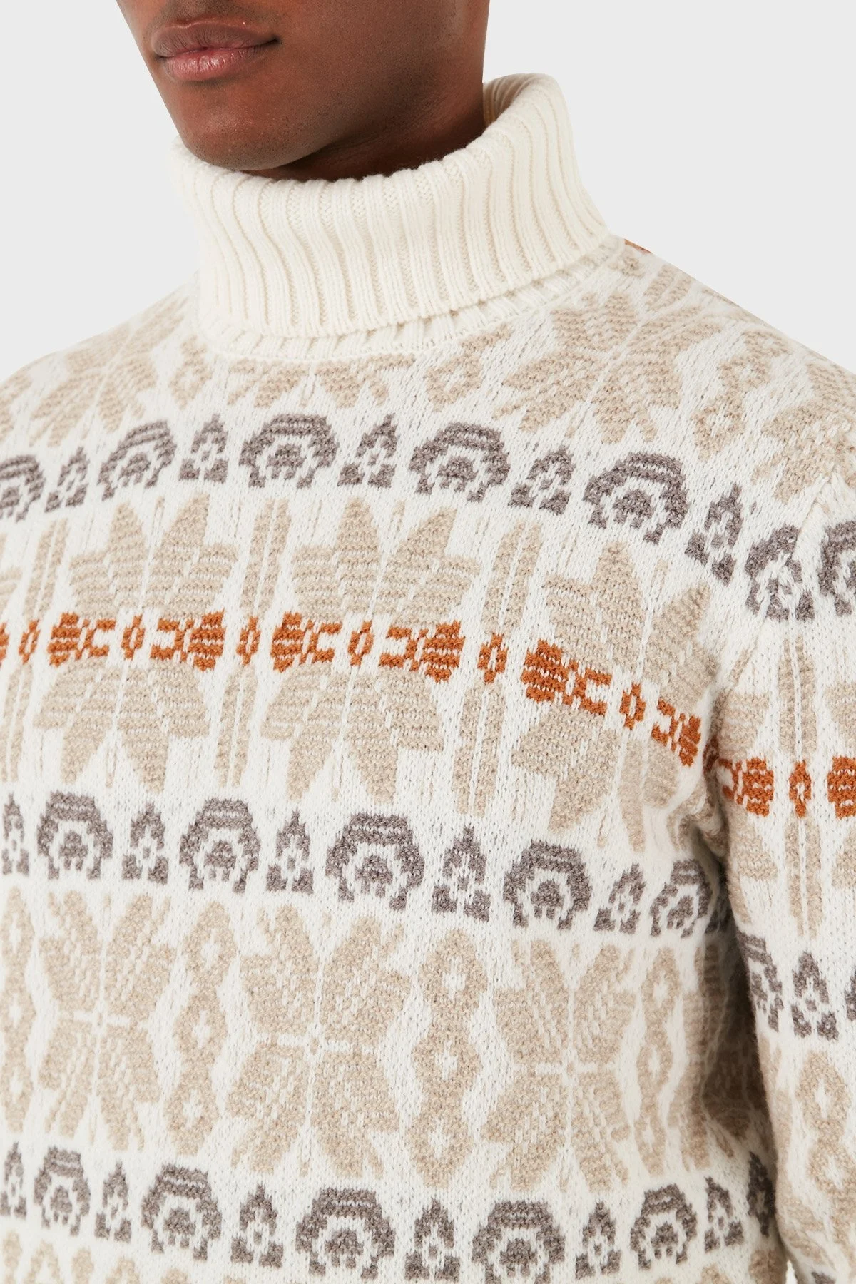 Gran Sasso Desenli % 100 Yün Regular Fit Balıkçı Yaka Erkek Kazak 13147 25061 001 EKRU-KAHVE - 5