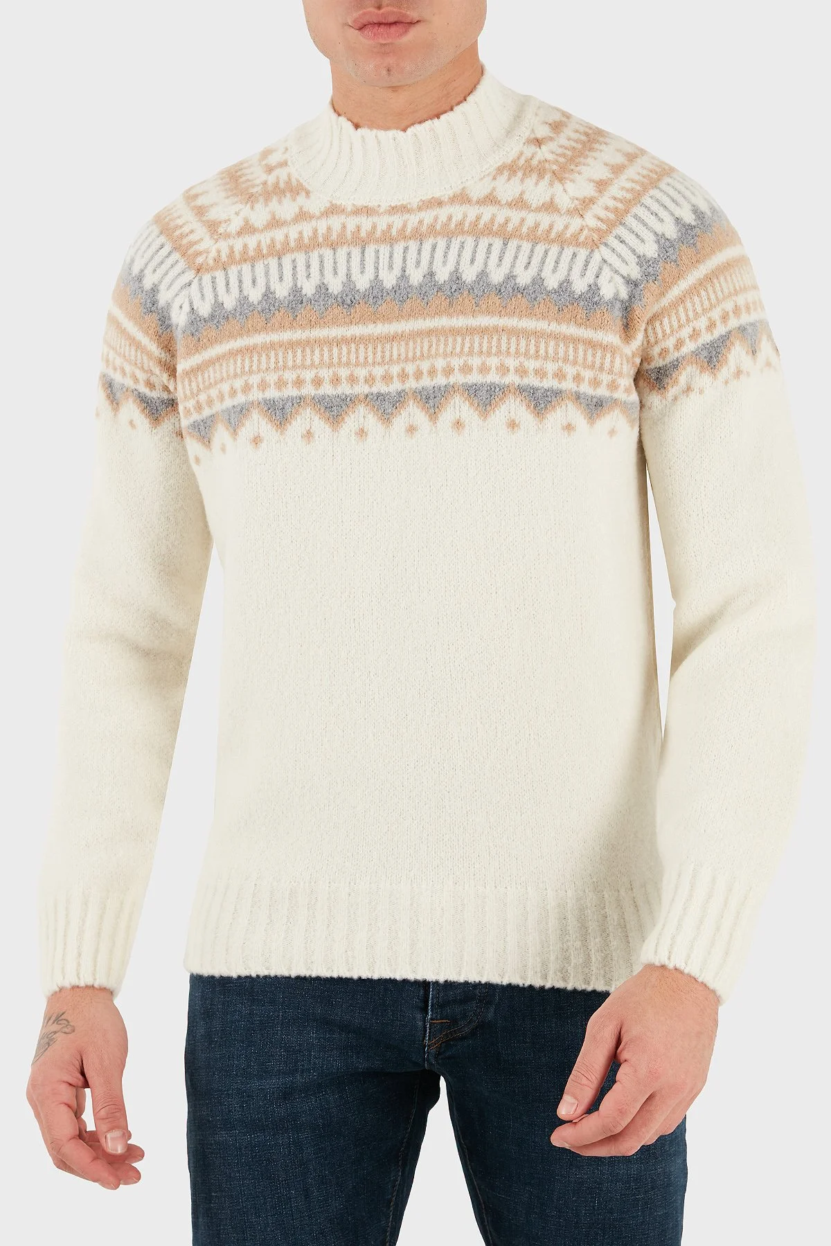 Gran Sasso Desenli Yün Karışımlı Regular Fit Balıkçı Yaka Erkek Kazak 13186 24017 005 BEJ - 1