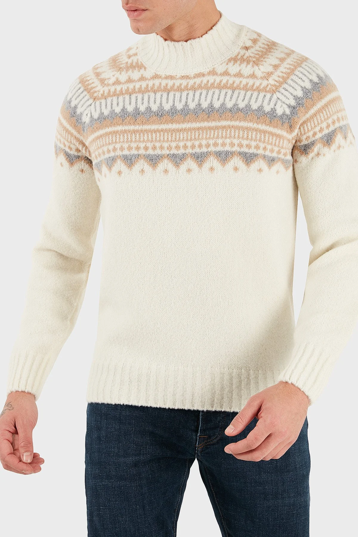 Gran Sasso Desenli Yün Karışımlı Regular Fit Balıkçı Yaka Erkek Kazak 13186 24017 005 BEJ - 3