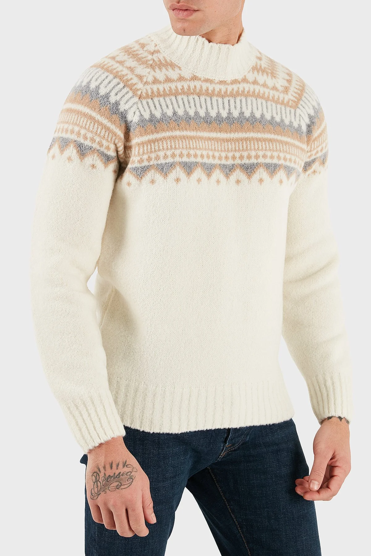 Gran Sasso Desenli Yün Karışımlı Regular Fit Balıkçı Yaka Erkek Kazak 13186 24017 005 BEJ - 4