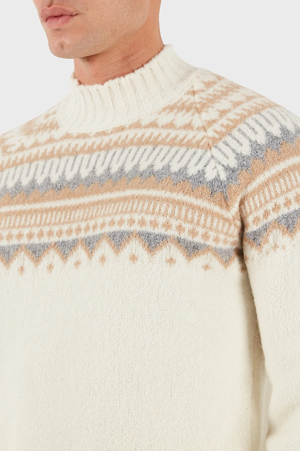 Gran Sasso Desenli Yün Karışımlı Regular Fit Balıkçı Yaka Erkek Kazak 13186 24017 005 BEJ - 5