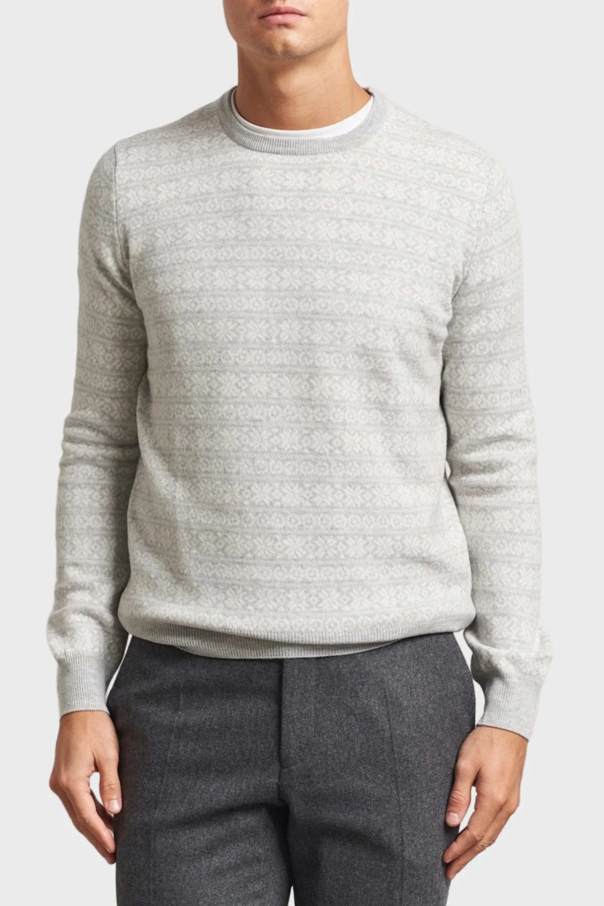 Gran Sasso Desenli Yün ve Kaşmir Karışımlı Slim Fit Bisiklet Yaka Erkek Kazak 58124 19655 044 GRİ - 1