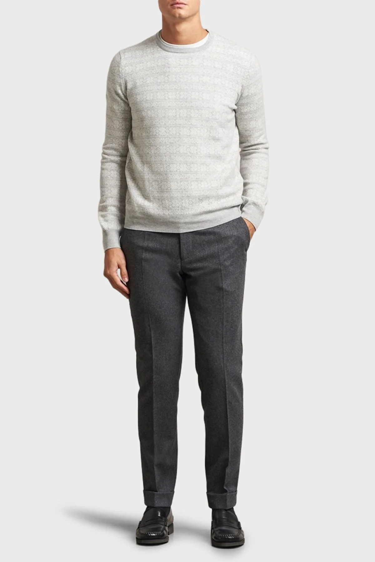 Gran Sasso Desenli Yün ve Kaşmir Karışımlı Slim Fit Bisiklet Yaka Erkek Kazak 58124 19655 044 GRİ - 2