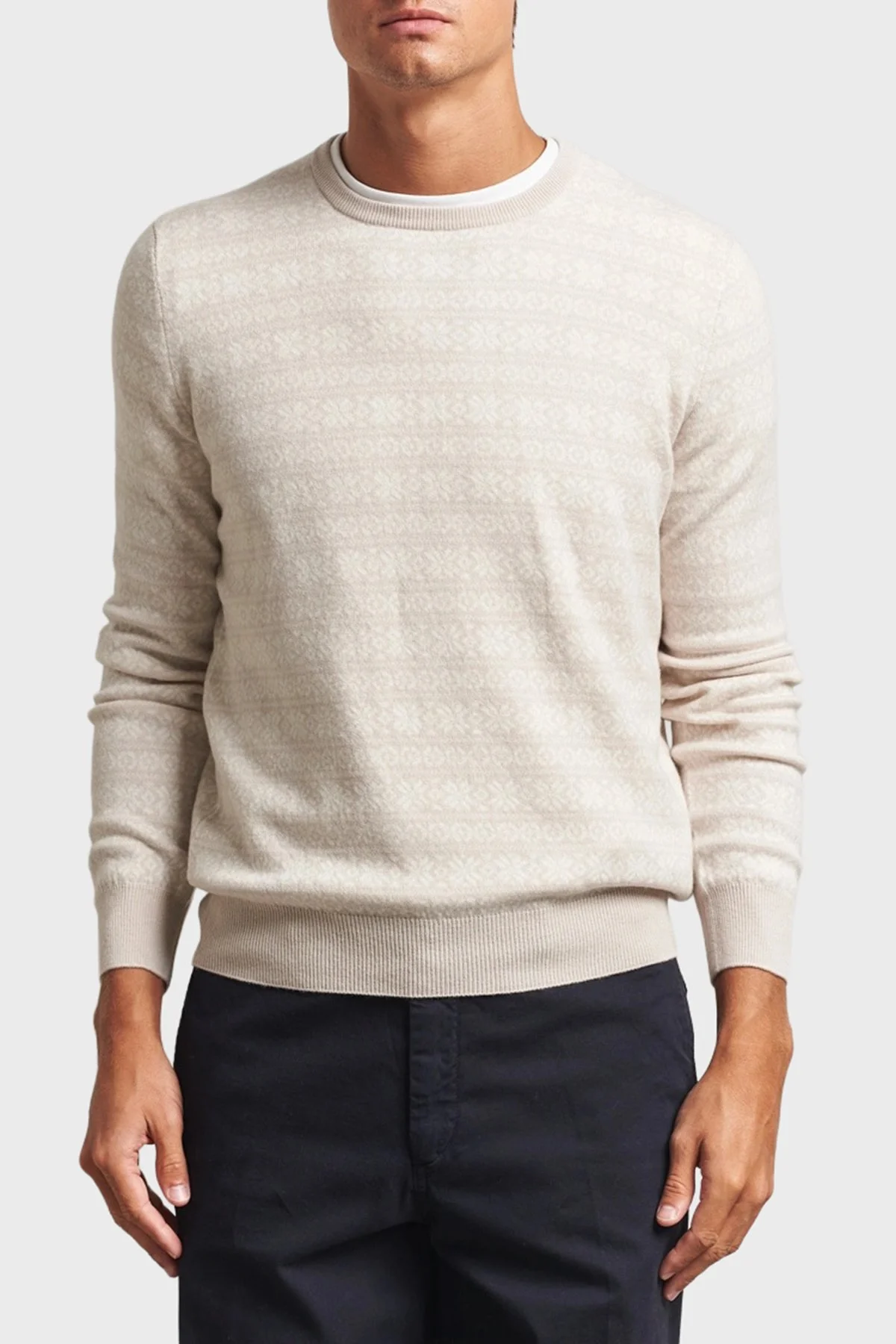 Gran Sasso Desenli Yün ve Kaşmir Karışımlı Slim Fit Bisiklet Yaka Erkek Kazak 58124 19655 113 EKRU - 1