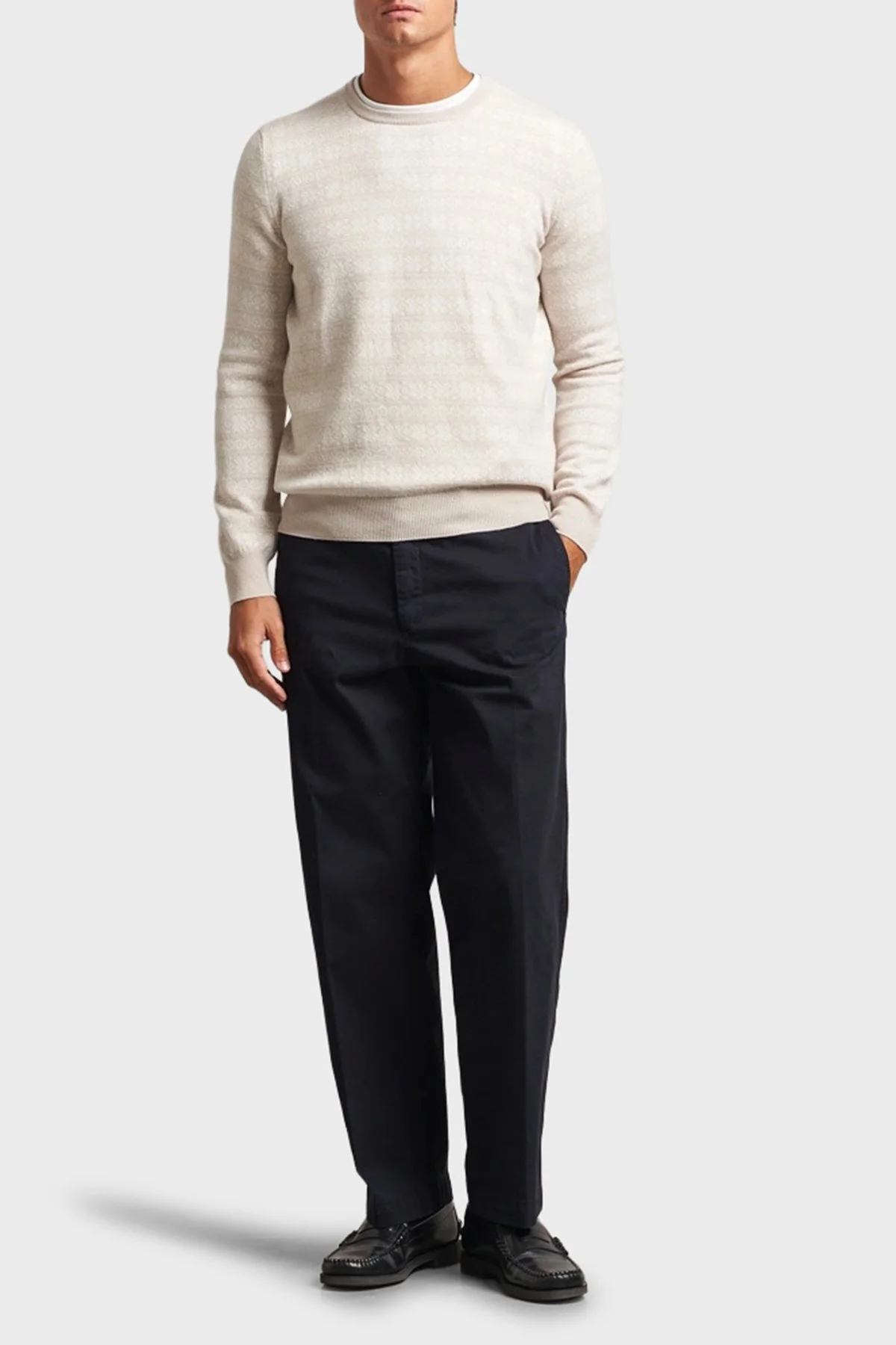 Gran Sasso Desenli Yün ve Kaşmir Karışımlı Slim Fit Bisiklet Yaka Erkek Kazak 58124 19655 113 EKRU - 2
