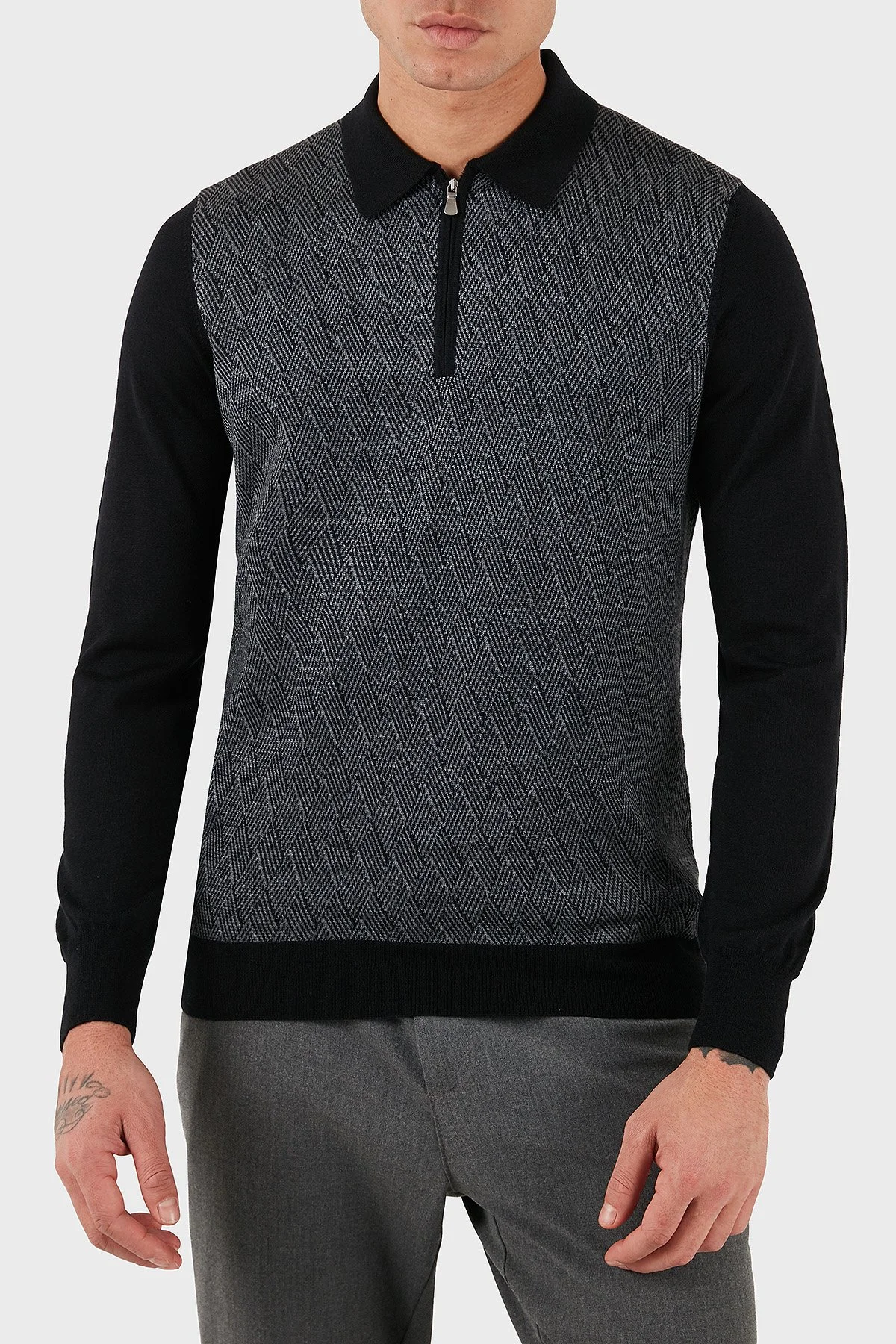 Gran Sasso Desenli Yün ve Pamuk Karışımlı Slim Fit Yarım Fermuarlı Polo Yaka Erkek Kazak 57137 13126 099 SİYAH - 1