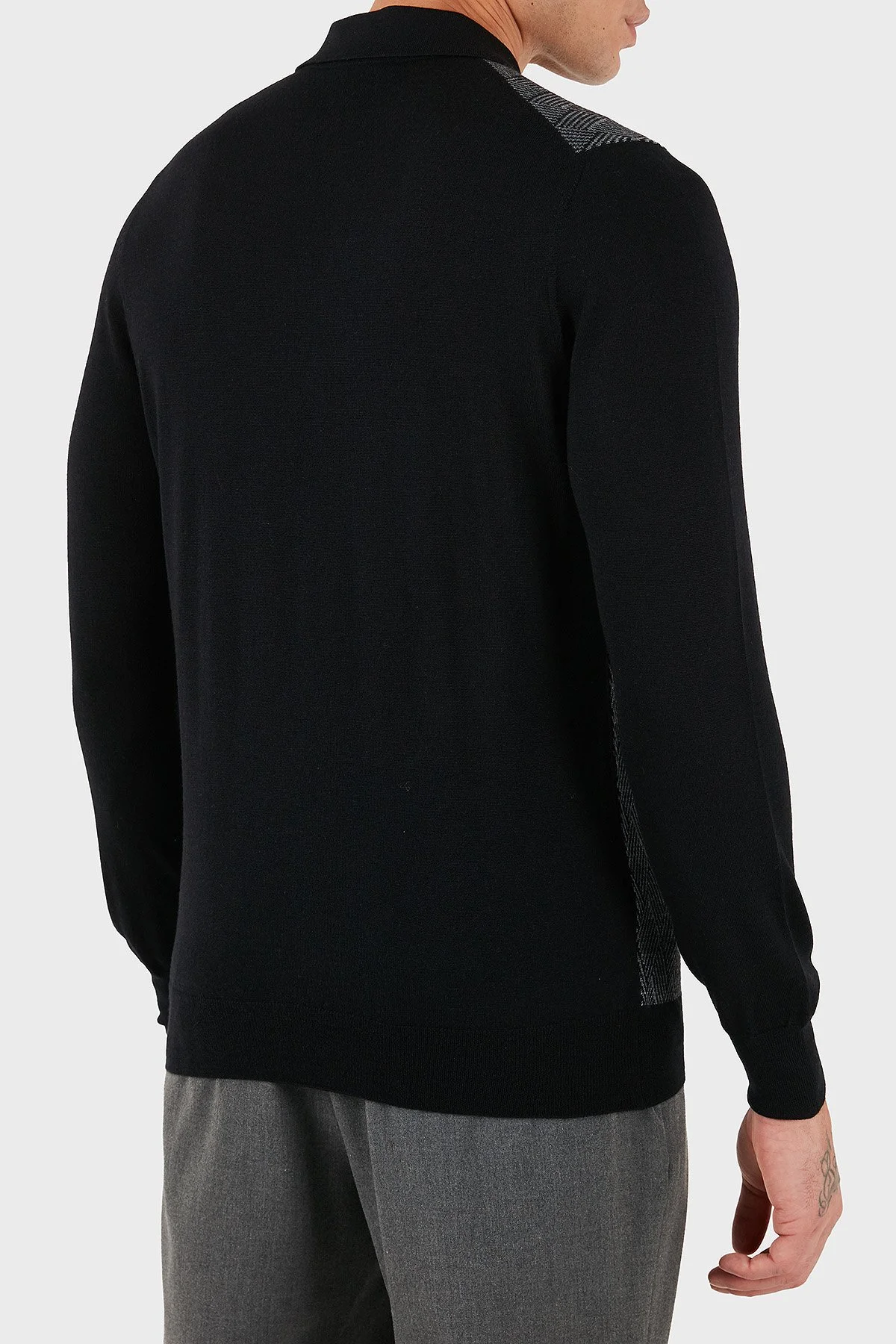 Gran Sasso Desenli Yün ve Pamuk Karışımlı Slim Fit Yarım Fermuarlı Polo Yaka Erkek Kazak 57137 13126 099 SİYAH - 2