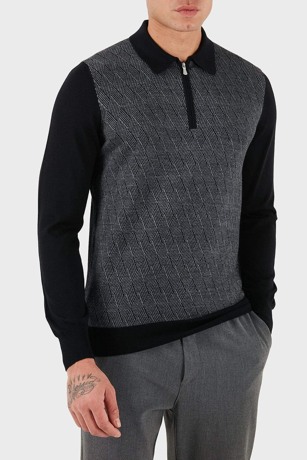Gran Sasso Desenli Yün ve Pamuk Karışımlı Slim Fit Yarım Fermuarlı Polo Yaka Erkek Kazak 57137 13126 099 SİYAH - 3