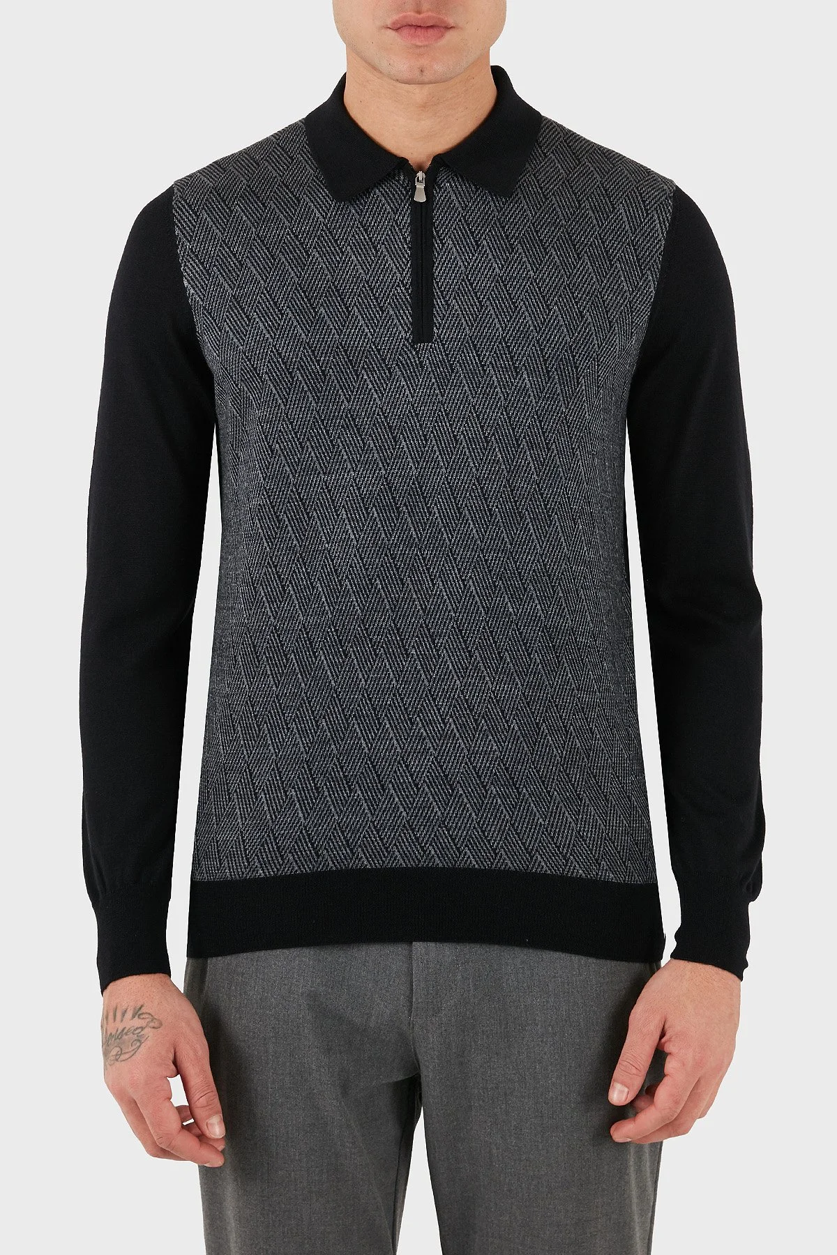 Gran Sasso Desenli Yün ve Pamuk Karışımlı Slim Fit Yarım Fermuarlı Polo Yaka Erkek Kazak 57137 13126 099 SİYAH - 4