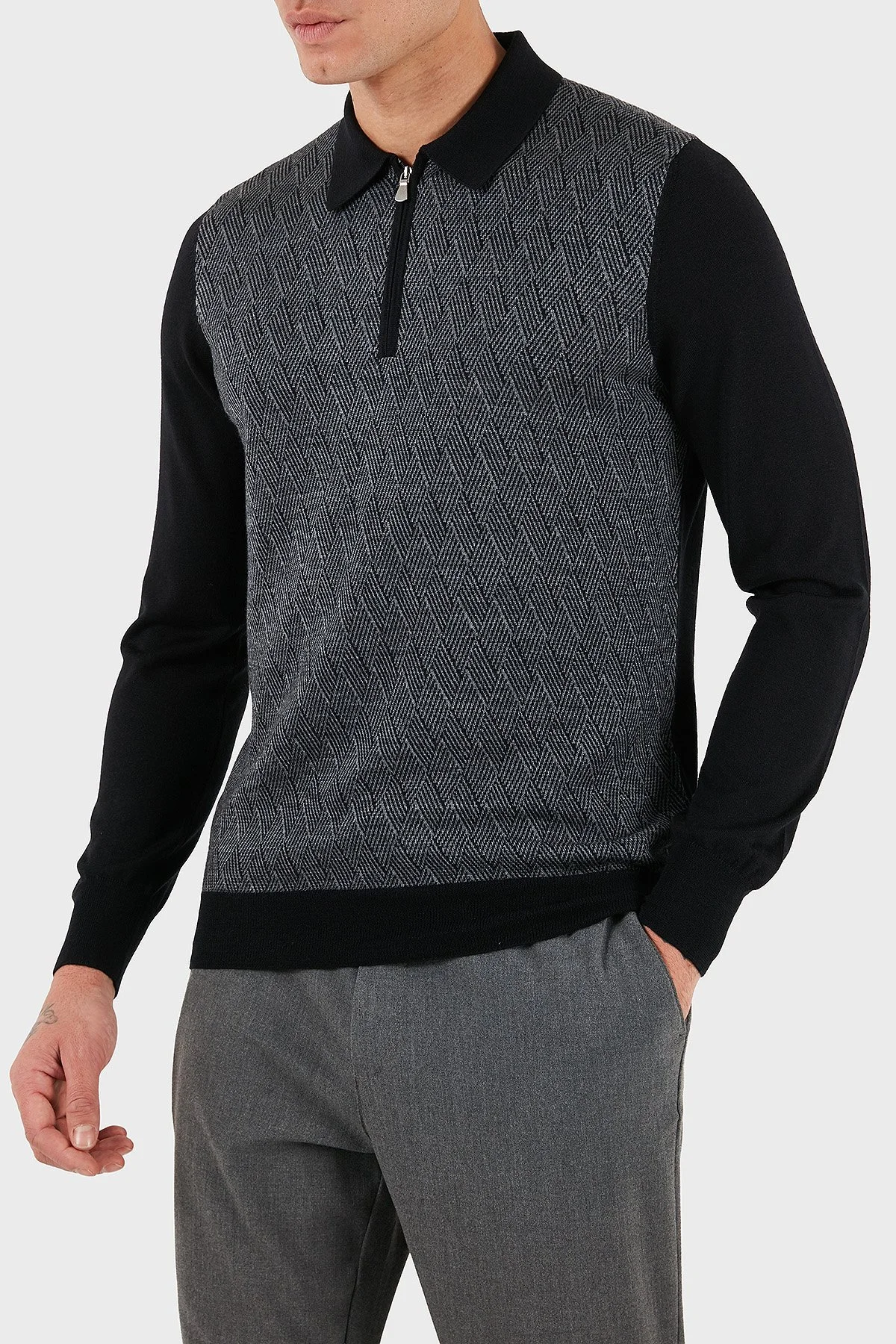 Gran Sasso Desenli Yün ve Pamuk Karışımlı Slim Fit Yarım Fermuarlı Polo Yaka Erkek Kazak 57137 13126 099 SİYAH - 5