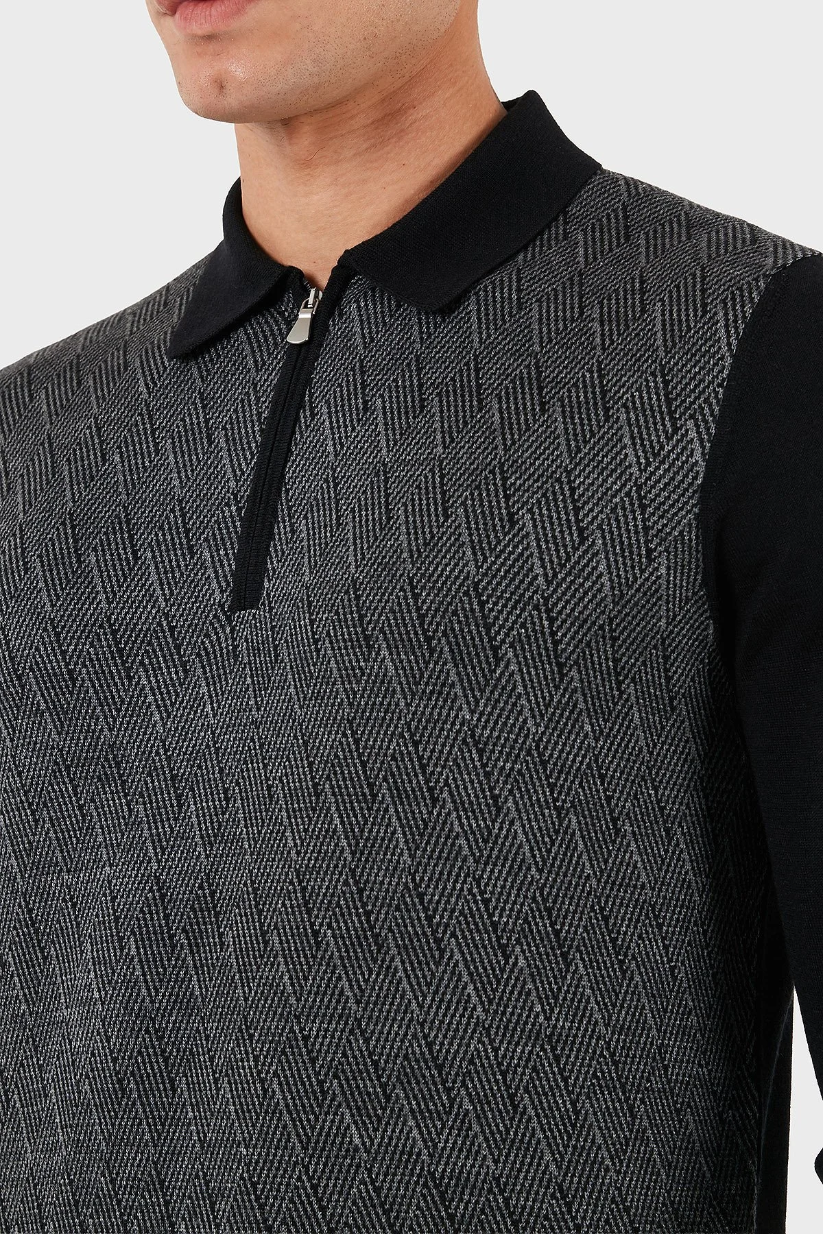 Gran Sasso Desenli Yün ve Pamuk Karışımlı Slim Fit Yarım Fermuarlı Polo Yaka Erkek Kazak 57137 13126 099 SİYAH - 6