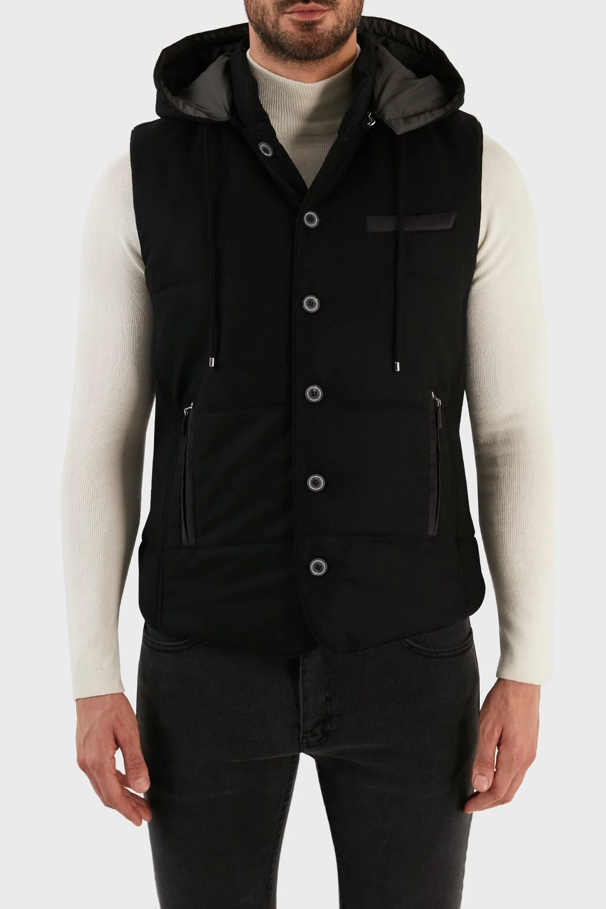 Gran Sasso Kapüşonlu Cepli Yünlü Erkek Yelek 23192 51303 099 SİYAH - 1