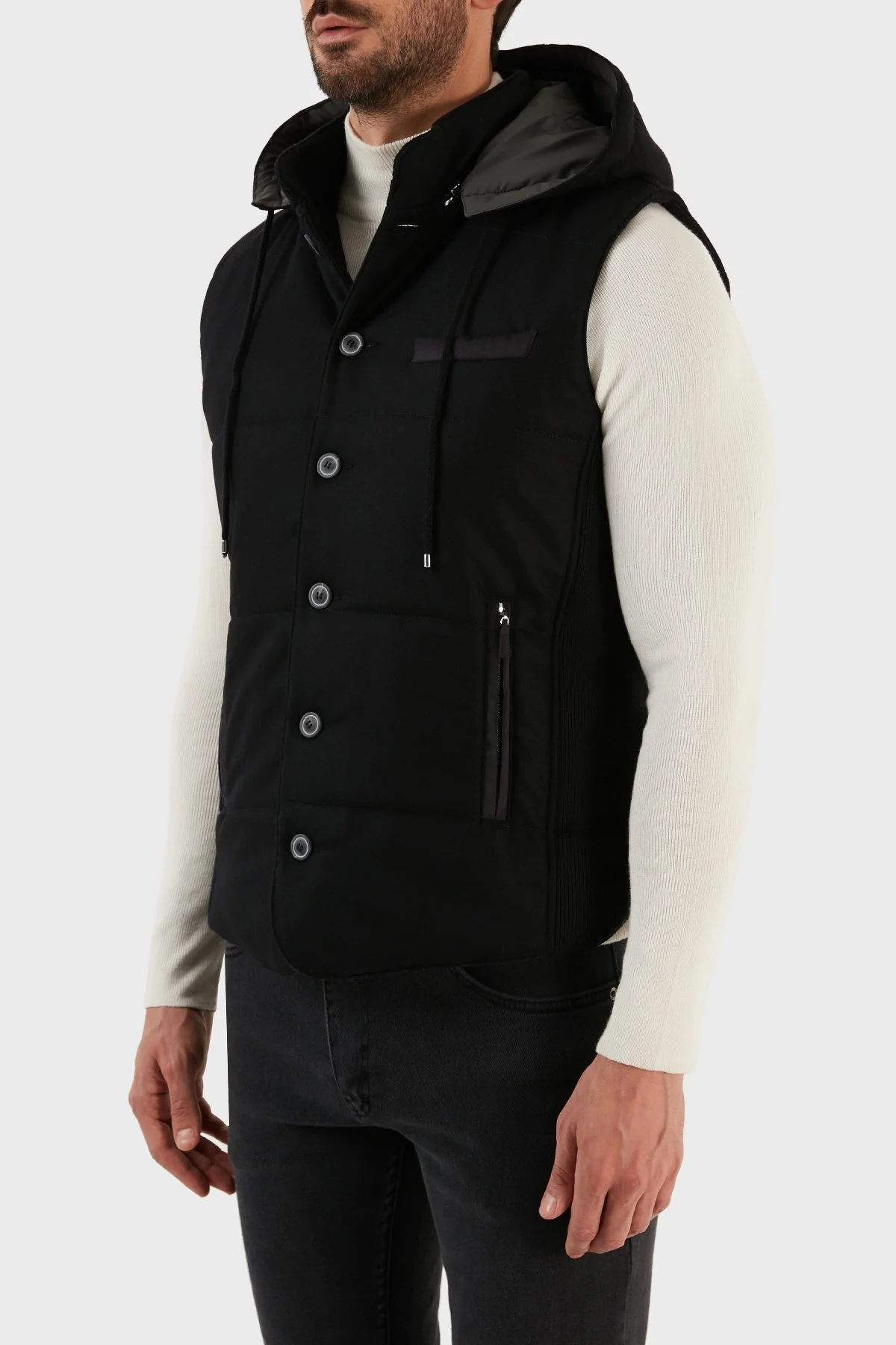 Gran Sasso Kapüşonlu Cepli Yünlü Erkek Yelek 23192 51303 099 SİYAH - 2