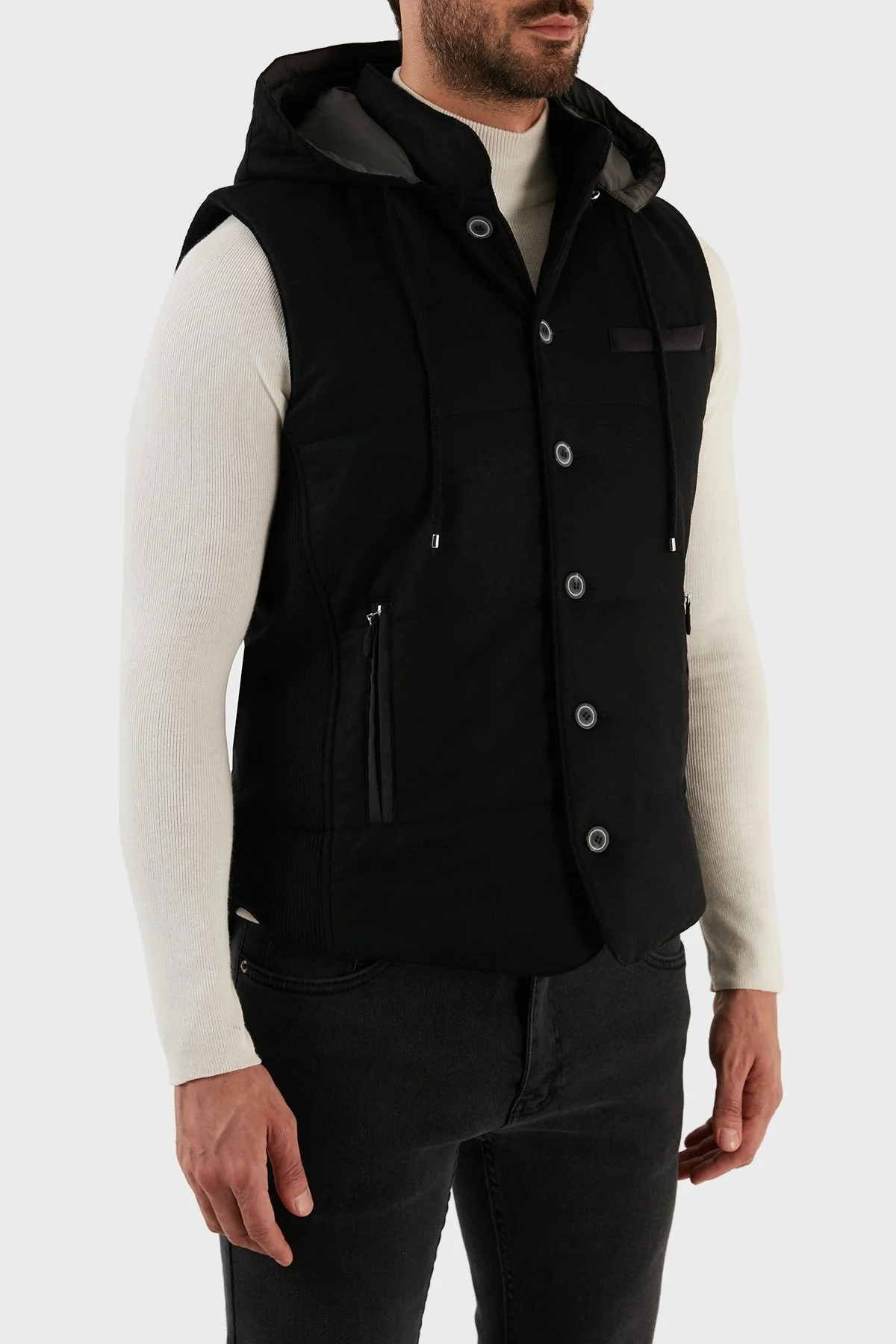 Gran Sasso Kapüşonlu Cepli Yünlü Erkek Yelek 23192 51303 099 SİYAH - 3