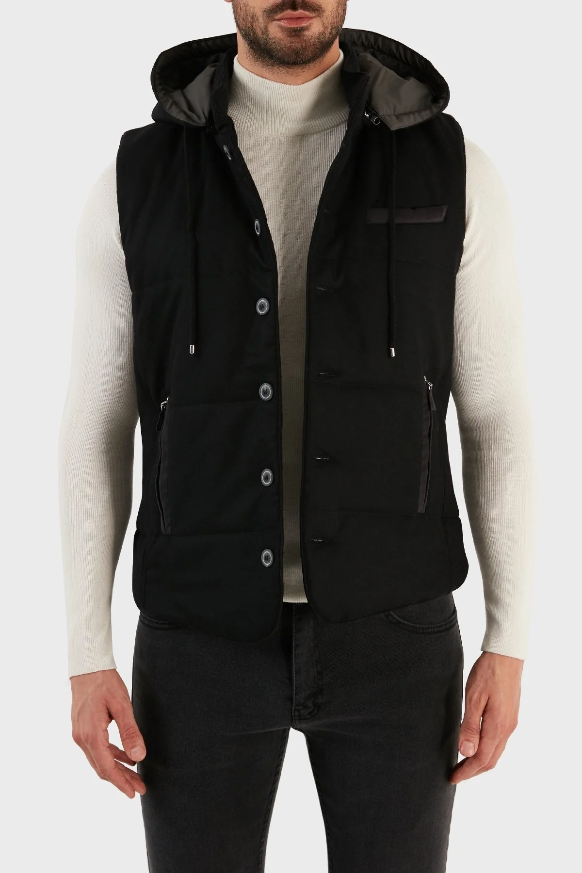 Gran Sasso Kapüşonlu Cepli Yünlü Erkek Yelek 23192 51303 099 SİYAH - 6