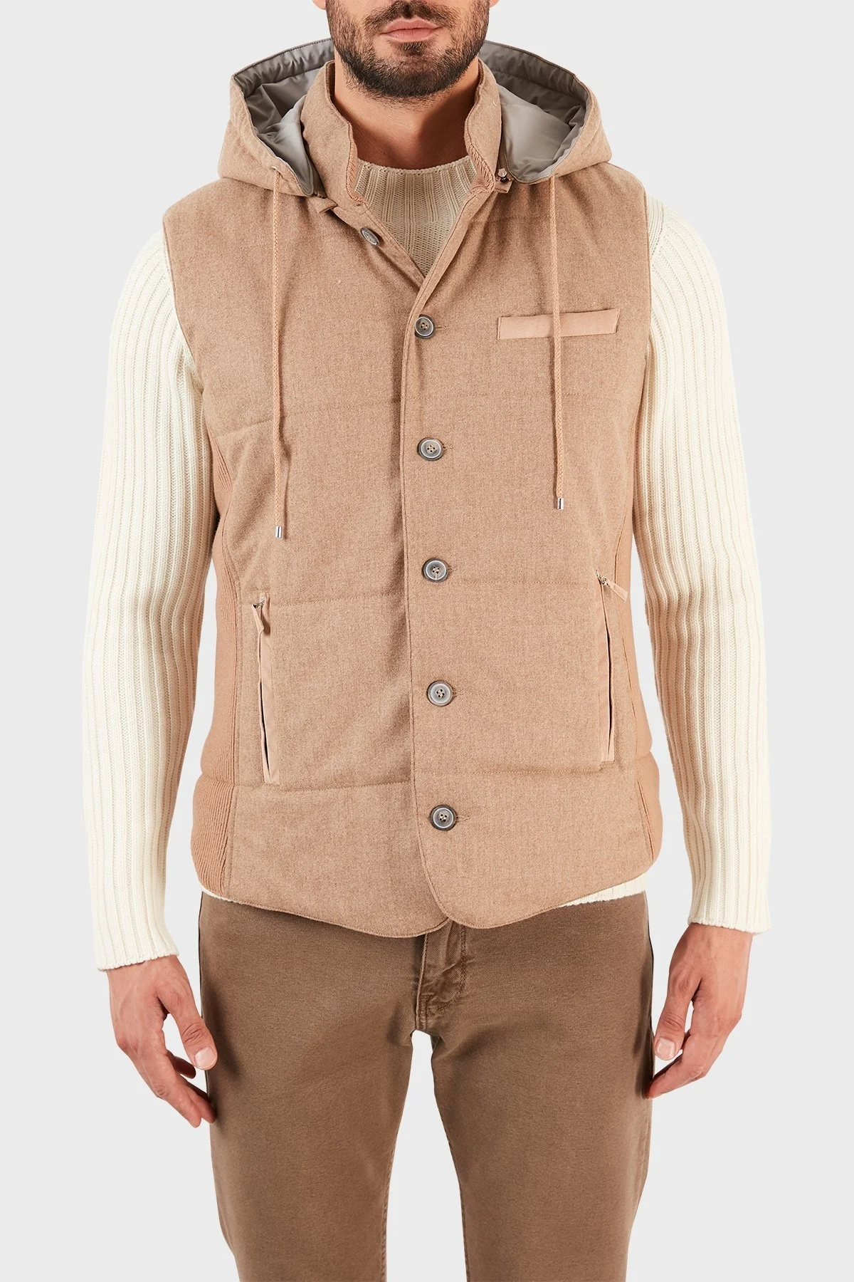 Gran Sasso Kapüşonlu Cepli Yünlü Erkek Yelek 23192 51303 116 SÜTLÜ KAHVE - 1