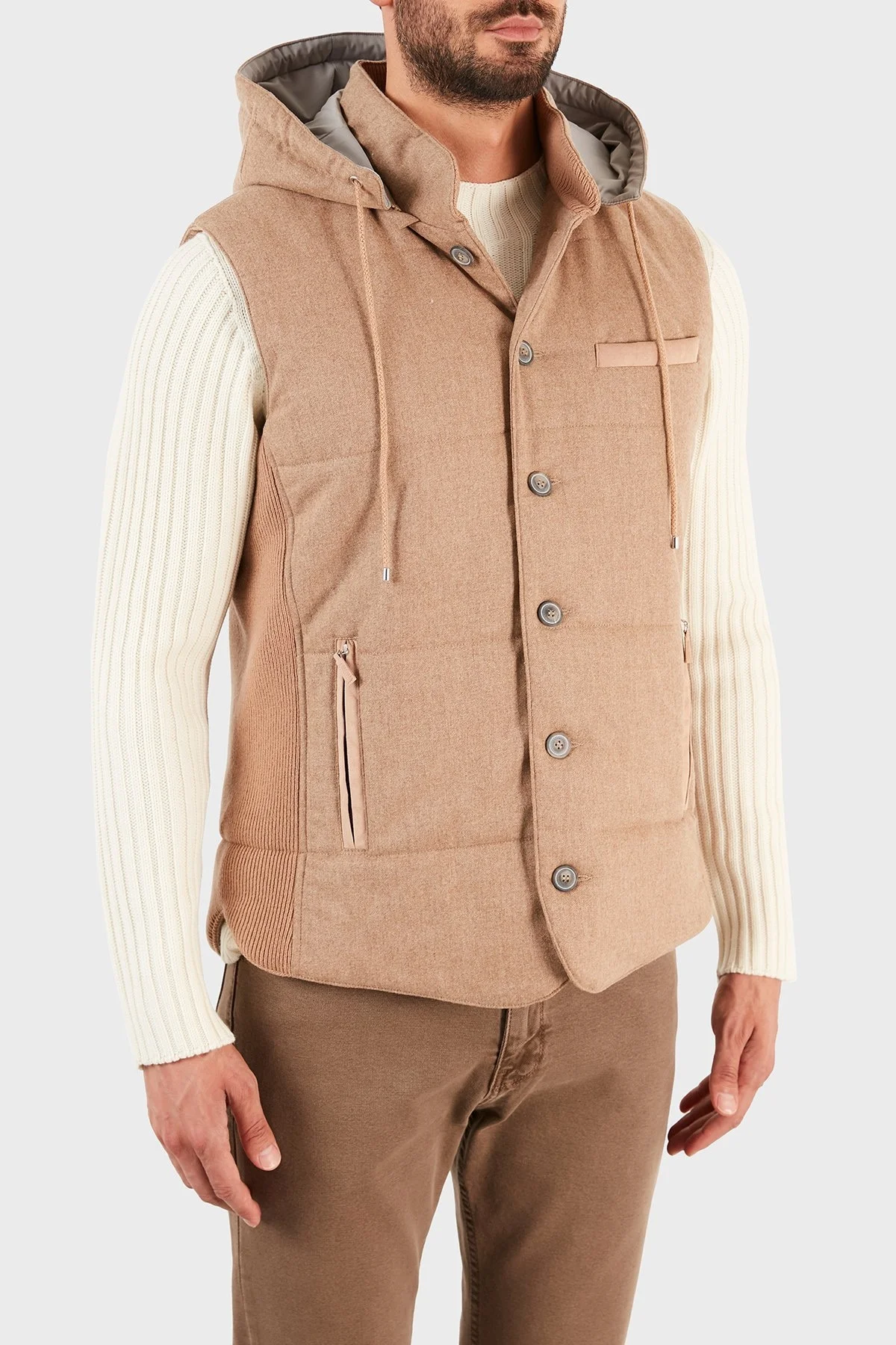 Gran Sasso Kapüşonlu Cepli Yünlü Erkek Yelek 23192 51303 116 SÜTLÜ KAHVE - 4