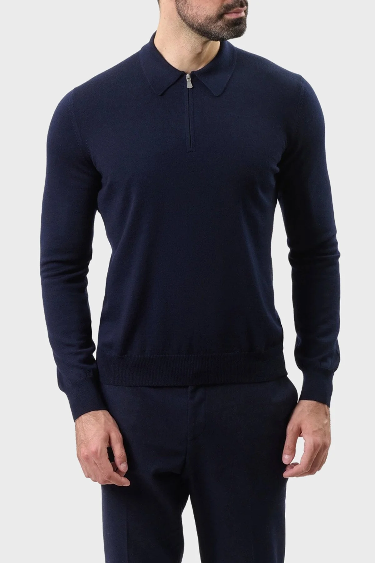 Gran Sasso Fitilli % 100 Yün Regular Fit Yarım Fermuarlı Erkek Polo Yaka Kazak 55125 14290 598 LACİVERT - 1