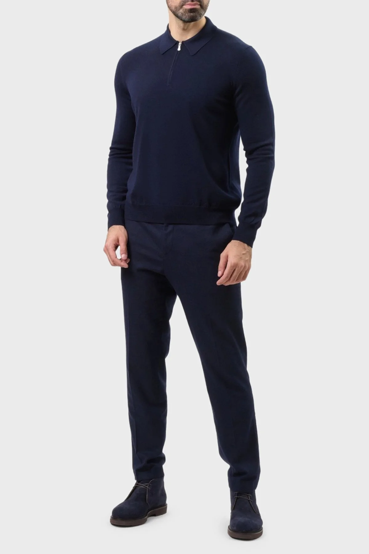 Gran Sasso Fitilli % 100 Yün Regular Fit Yarım Fermuarlı Erkek Polo Yaka Kazak 55125 14290 598 LACİVERT - 2