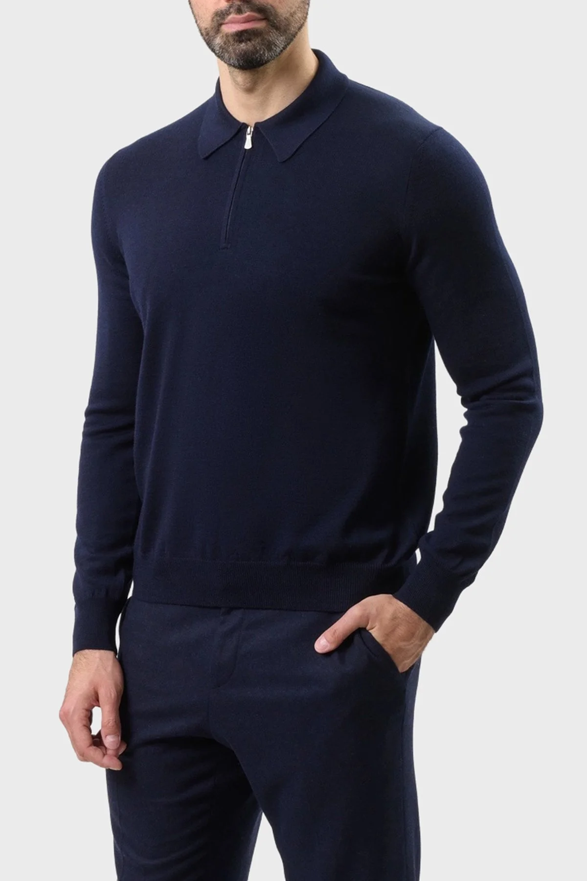 Gran Sasso Fitilli % 100 Yün Regular Fit Yarım Fermuarlı Erkek Polo Yaka Kazak 55125 14290 598 LACİVERT - 3