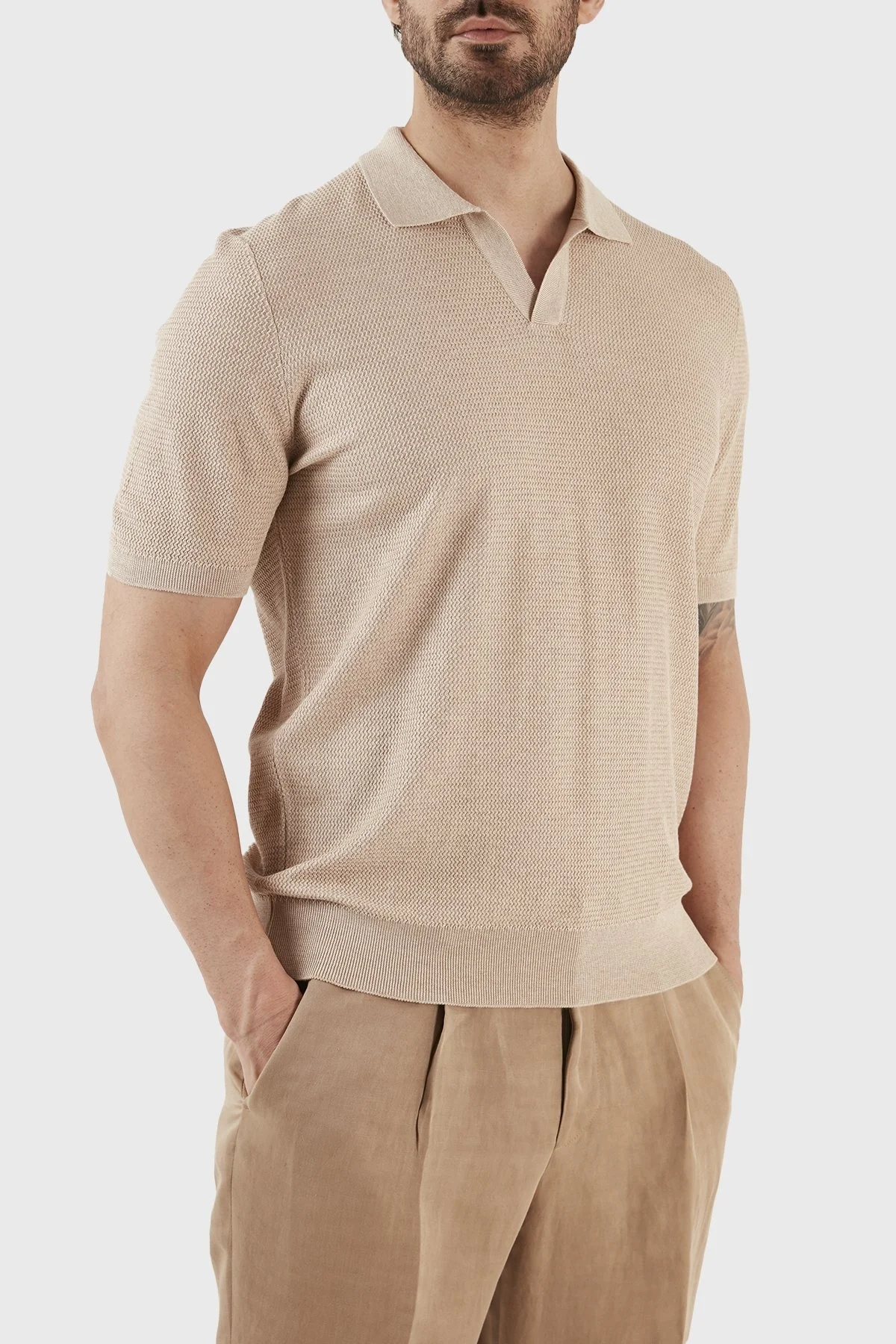 Gran Sasso İpek ve Pamuk Karışımlı Regular Fit Erkek Polo T Shirt 43171 16221 112 BEJ - 8