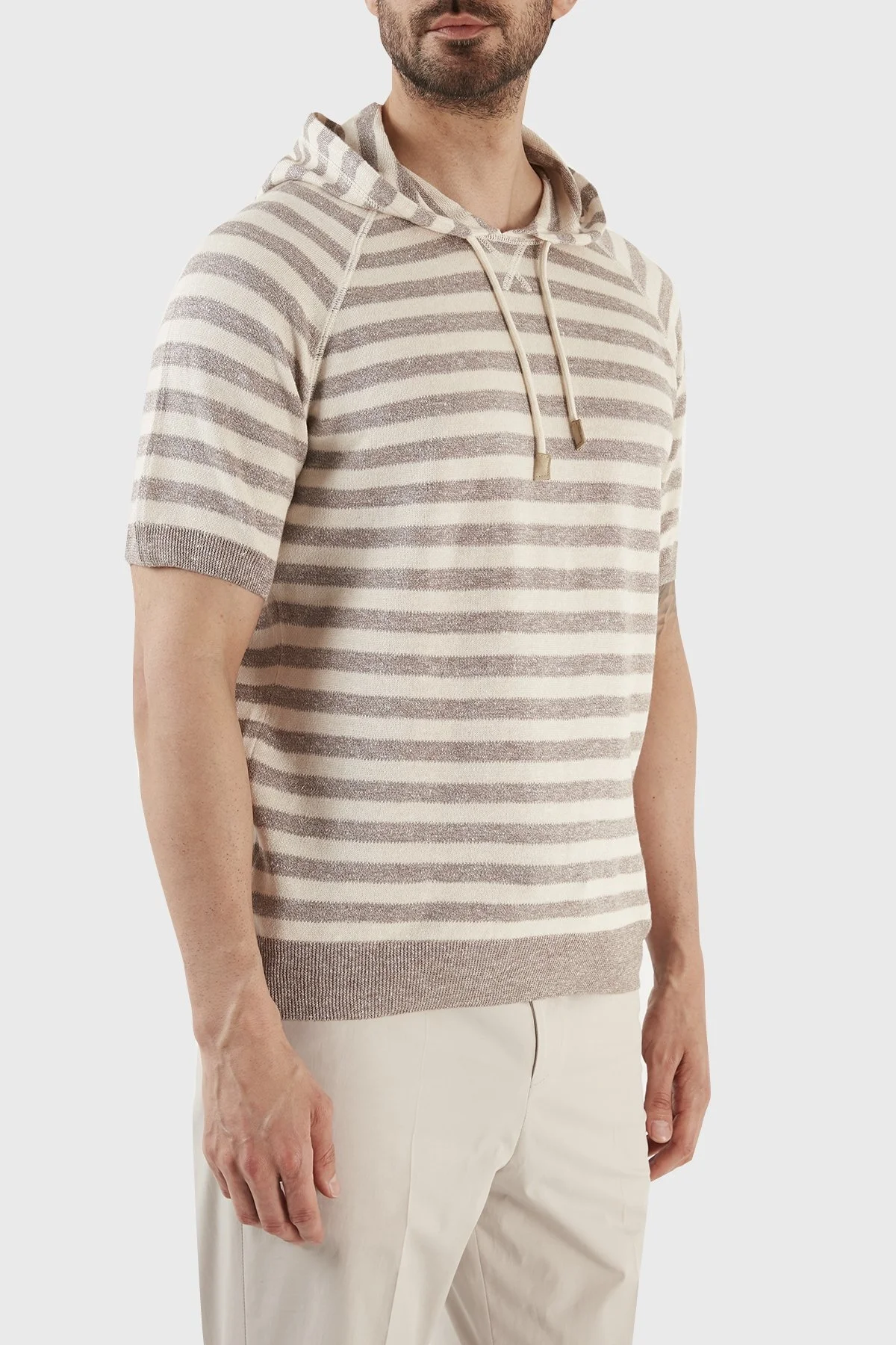 Gran Sasso Keten ve Pamuk Karışımlı Kapüşonlu Kısa Kollu Triko Erkek Sweat 57149 18621 120 BEJ - 2