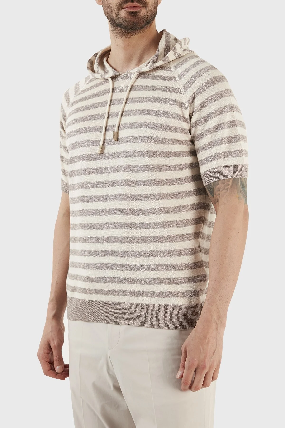 Gran Sasso Keten ve Pamuk Karışımlı Kapüşonlu Kısa Kollu Triko Erkek Sweat 57149 18621 120 BEJ - 3