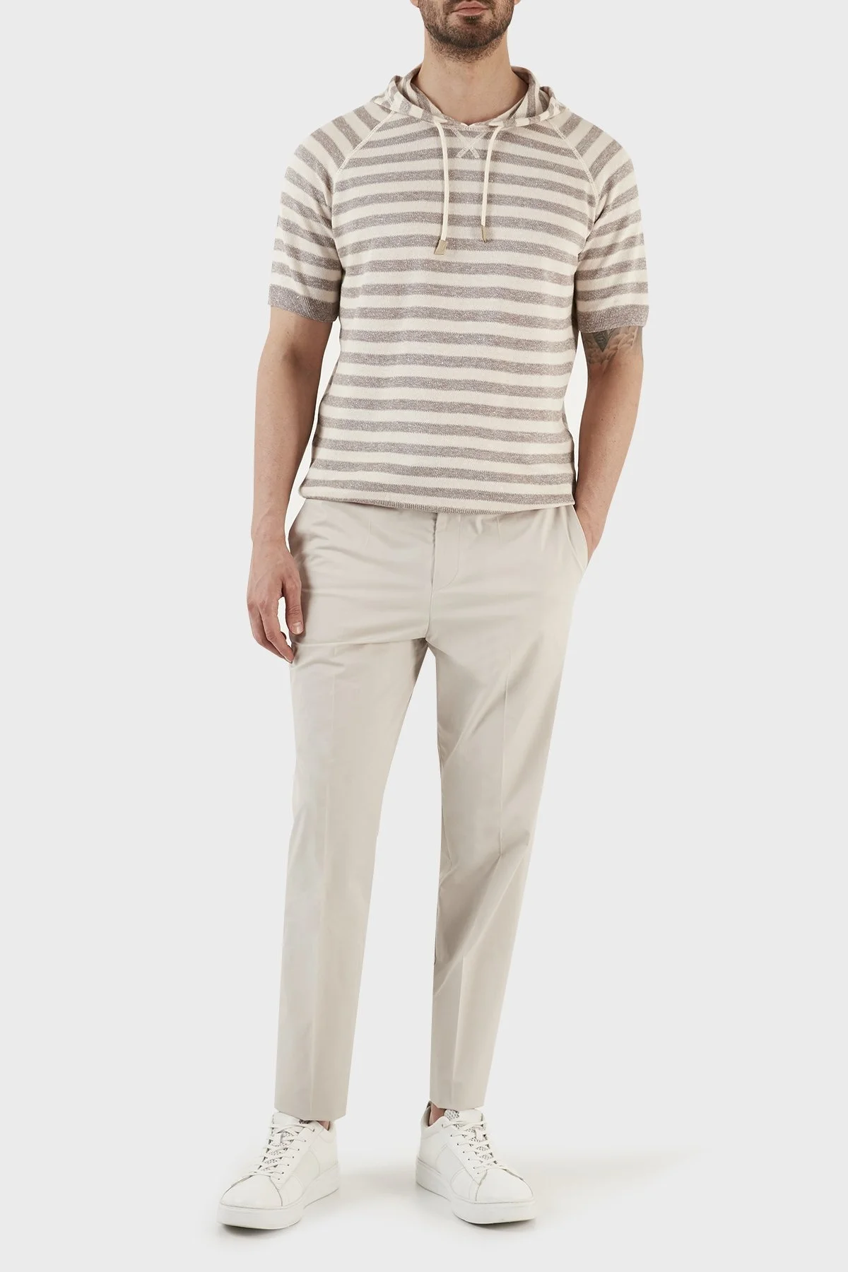 Gran Sasso Keten ve Pamuk Karışımlı Kapüşonlu Kısa Kollu Triko Erkek Sweat 57149 18621 120 BEJ - 4