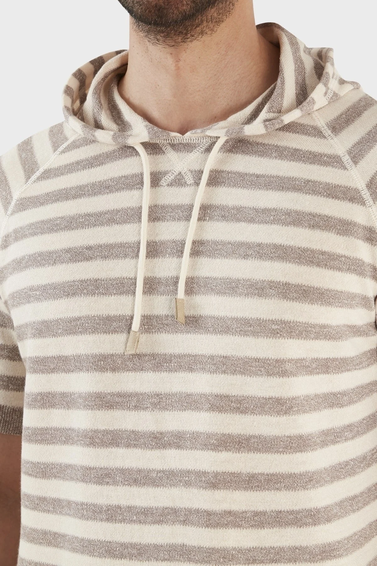 Gran Sasso Keten ve Pamuk Karışımlı Kapüşonlu Kısa Kollu Triko Erkek Sweat 57149 18621 120 BEJ - 5