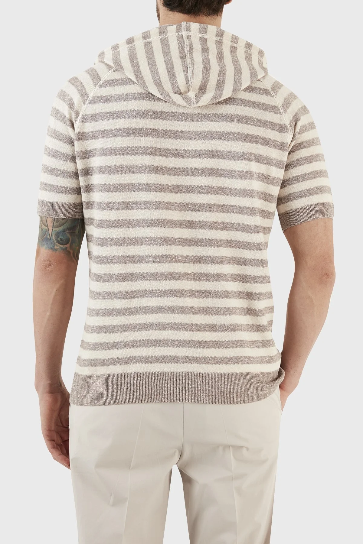 Gran Sasso Keten ve Pamuk Karışımlı Kapüşonlu Kısa Kollu Triko Erkek Sweat 57149 18621 120 BEJ - 6