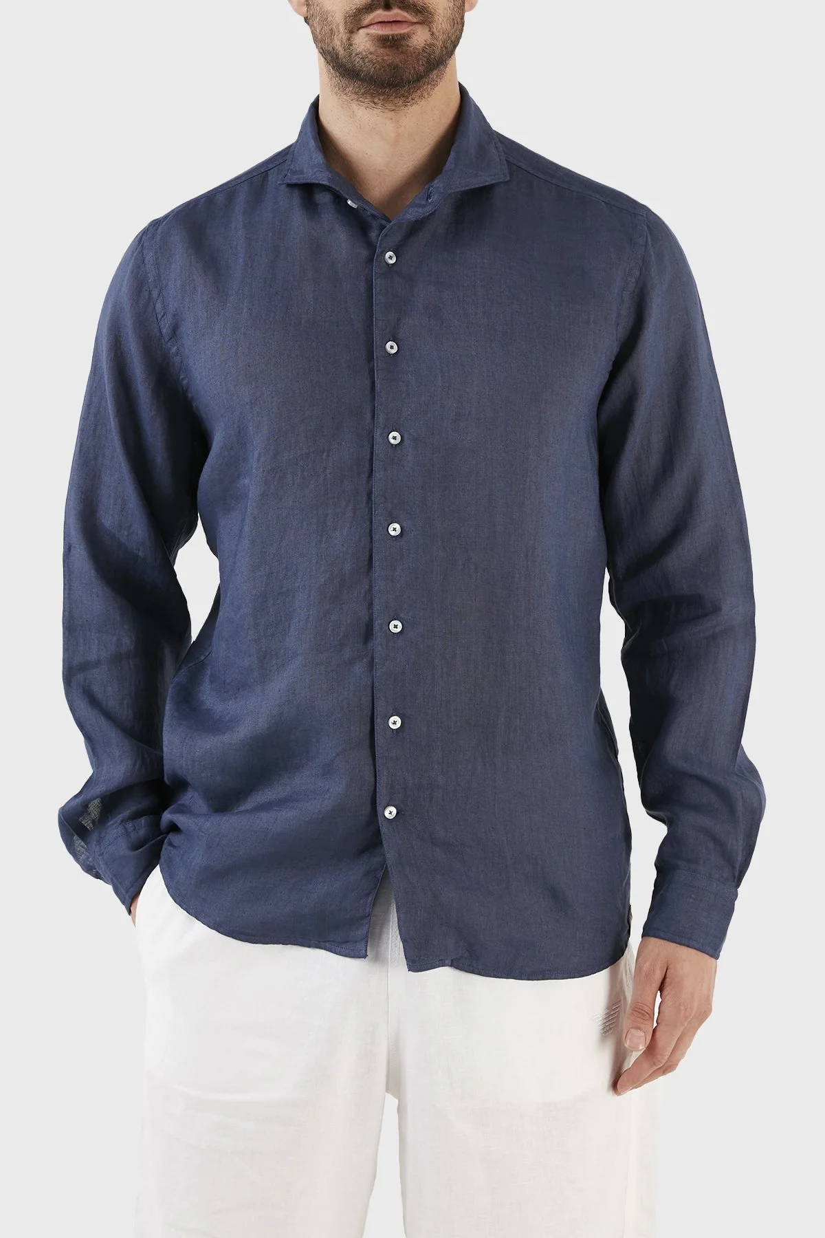 Gran Sasso Regular Fit % 100 Keten Erkek Gömlek 61183 50002 598 LACİVERT - 1