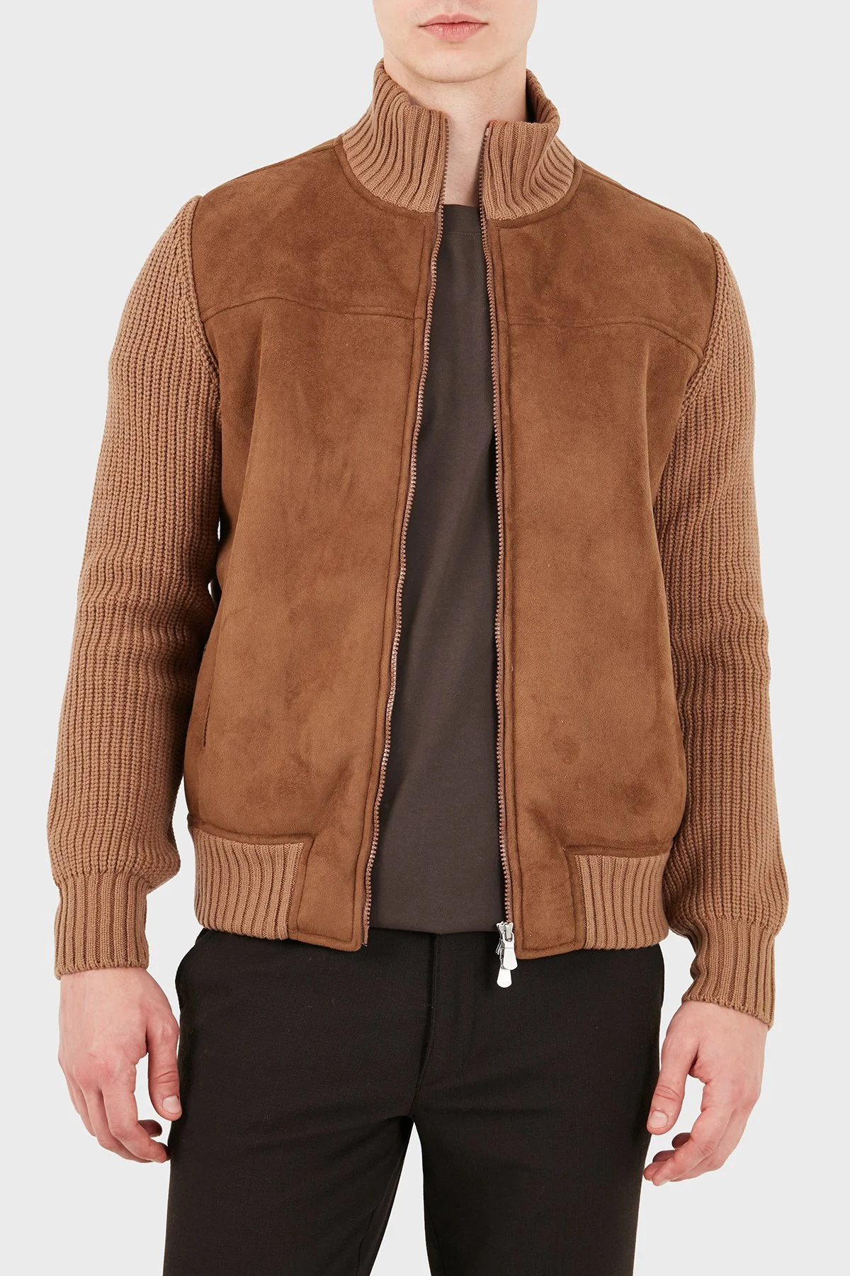 Gran Sasso Regular Fit Dik Yaka Süet Detaylı Triko Erkek Ceket 13129 58001 190 Taba - 1