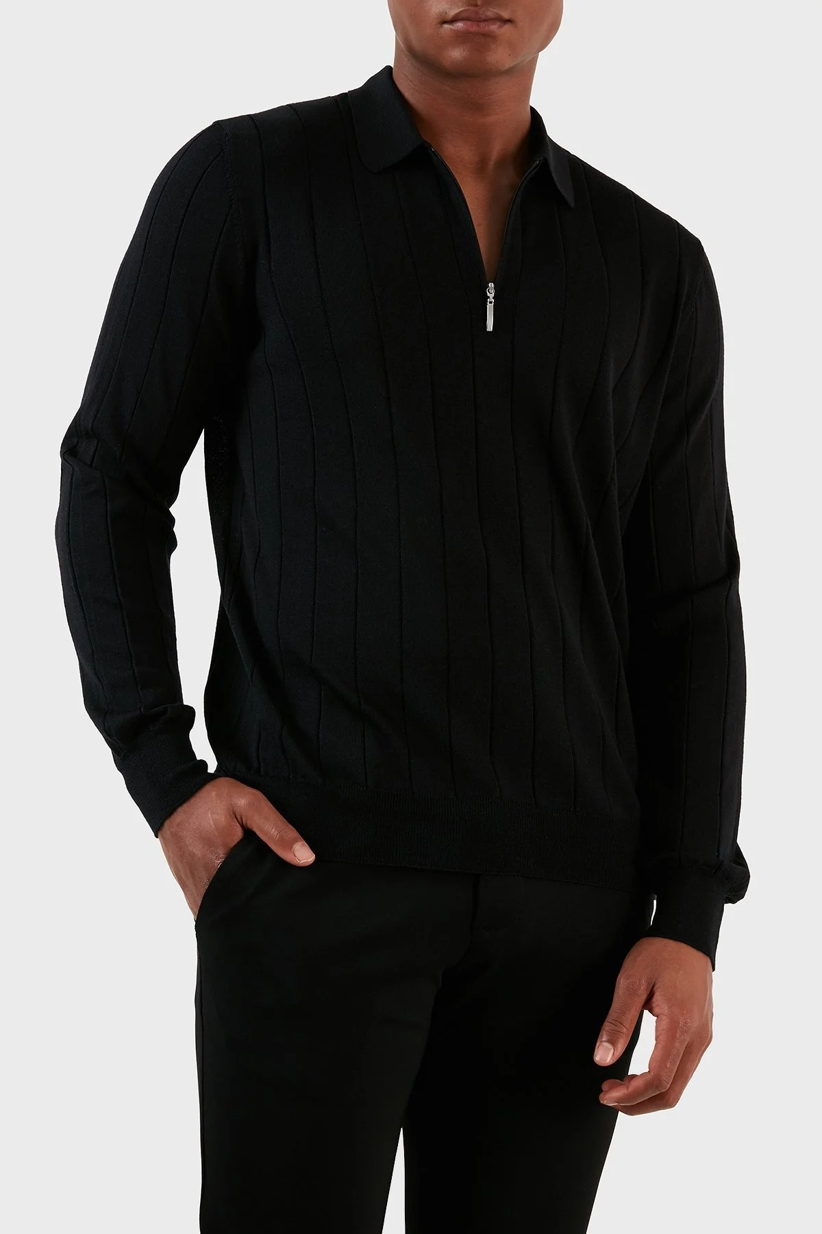 Gran Sasso Yün ve İpek Karışımlı Fermuarlı Polo Yaka Erkek Kazak 57137 13118 099 SİYAH - 1